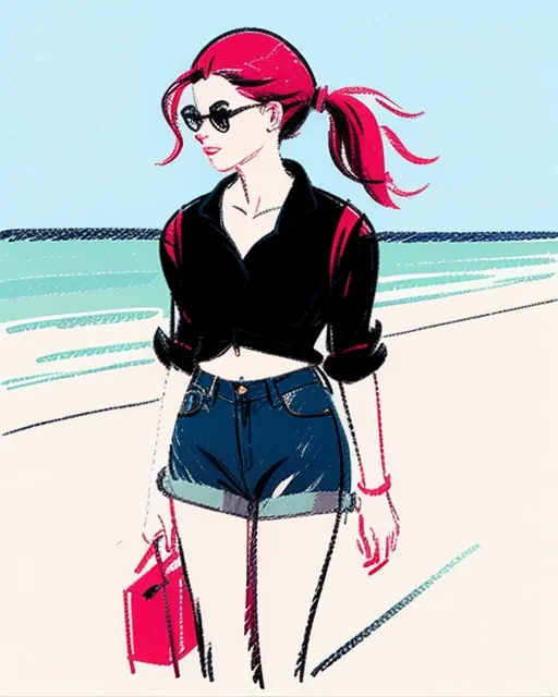 Black woman walking on a beach, wearing shorts cut out of jeans, hair tied back in a ponytail and a red velvet rose tuck in the hair