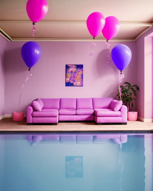 Lilac Living room Pink sofas pool - Free AI Photo Generator - starryai