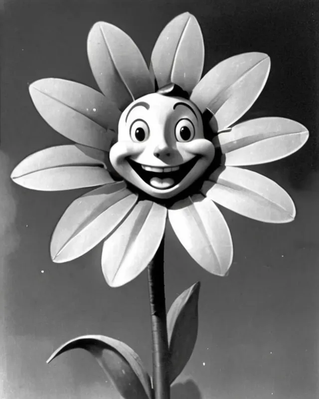 1930s Anthropomorphic flower.                   1930s animation, cartoonish, caricature, black and white, grainy film, rubber-hose animation, happy face, grainy film, animation cell 