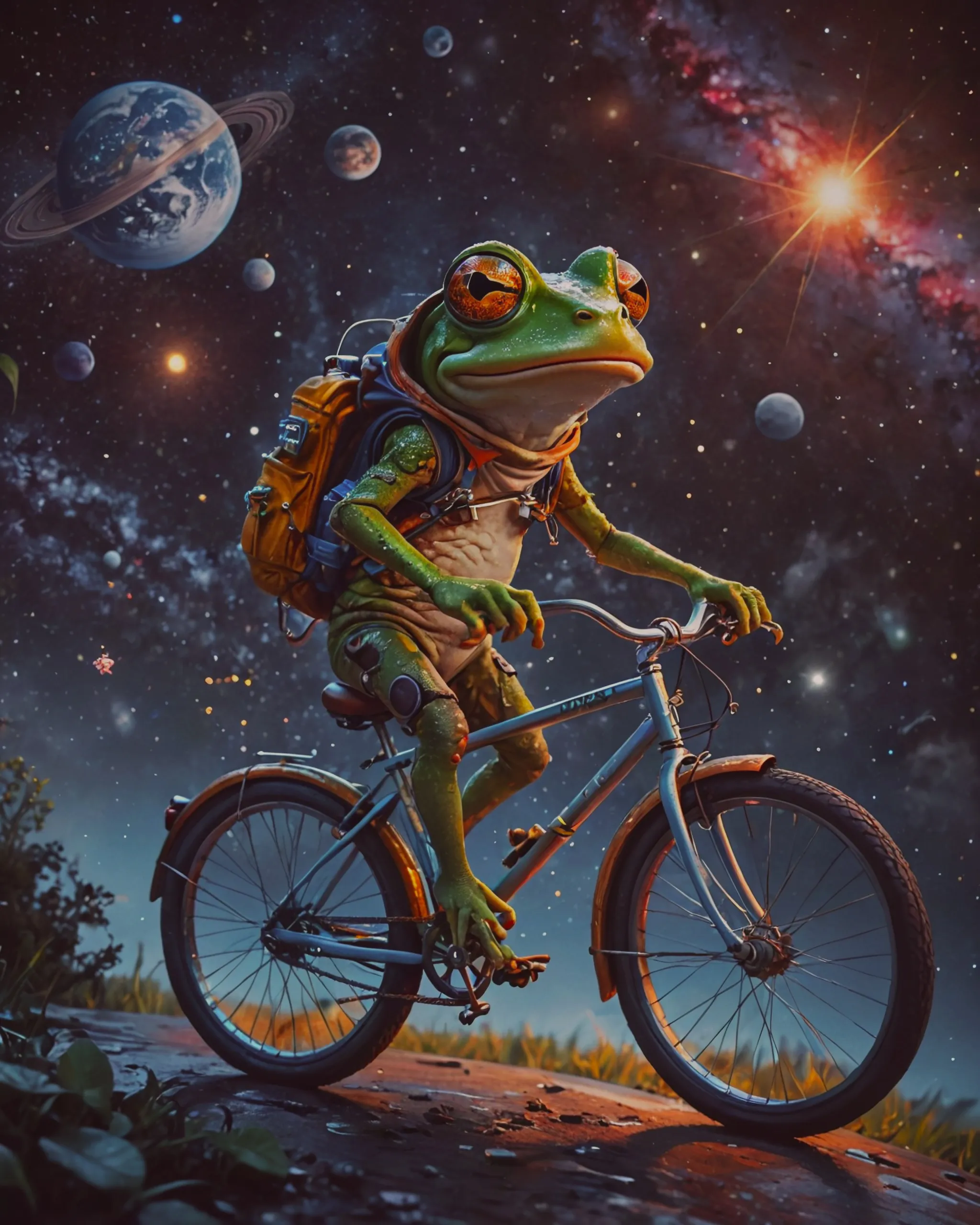 A frog on a bicycle,  riding through space, cartoonish