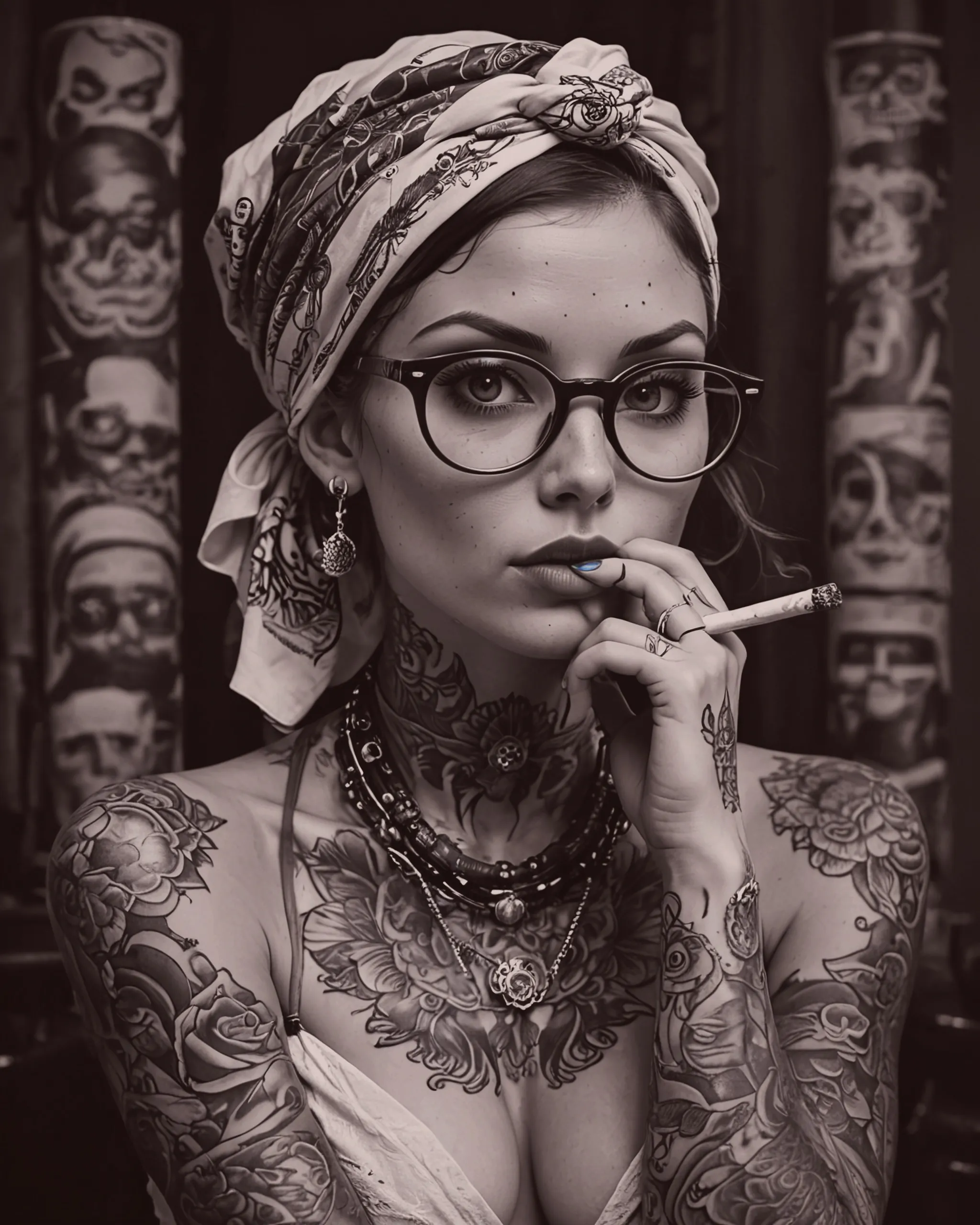 detailed black and white drawing of an attractive woman with freckles, wearing large round glasses, a bandana on her head, tattoos all over her face, smoking a cigarette, looking straight ahead, in the style of old school tattoo art --ar 73:105 --stylize 750