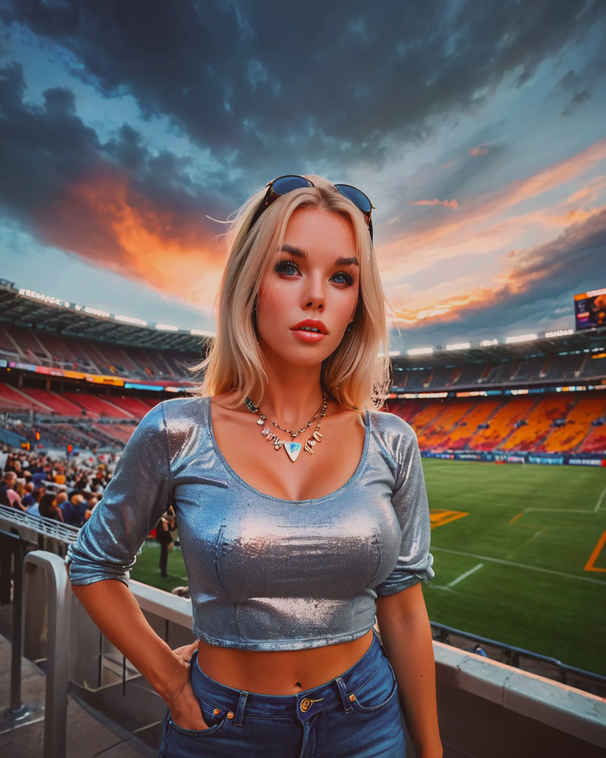 the woman in the photo making her an attractive woman in her mid 40s standing in front of a football stadium wearing a crop top with blonde hair, background make a rock concert with beautiful auroas in the sky 