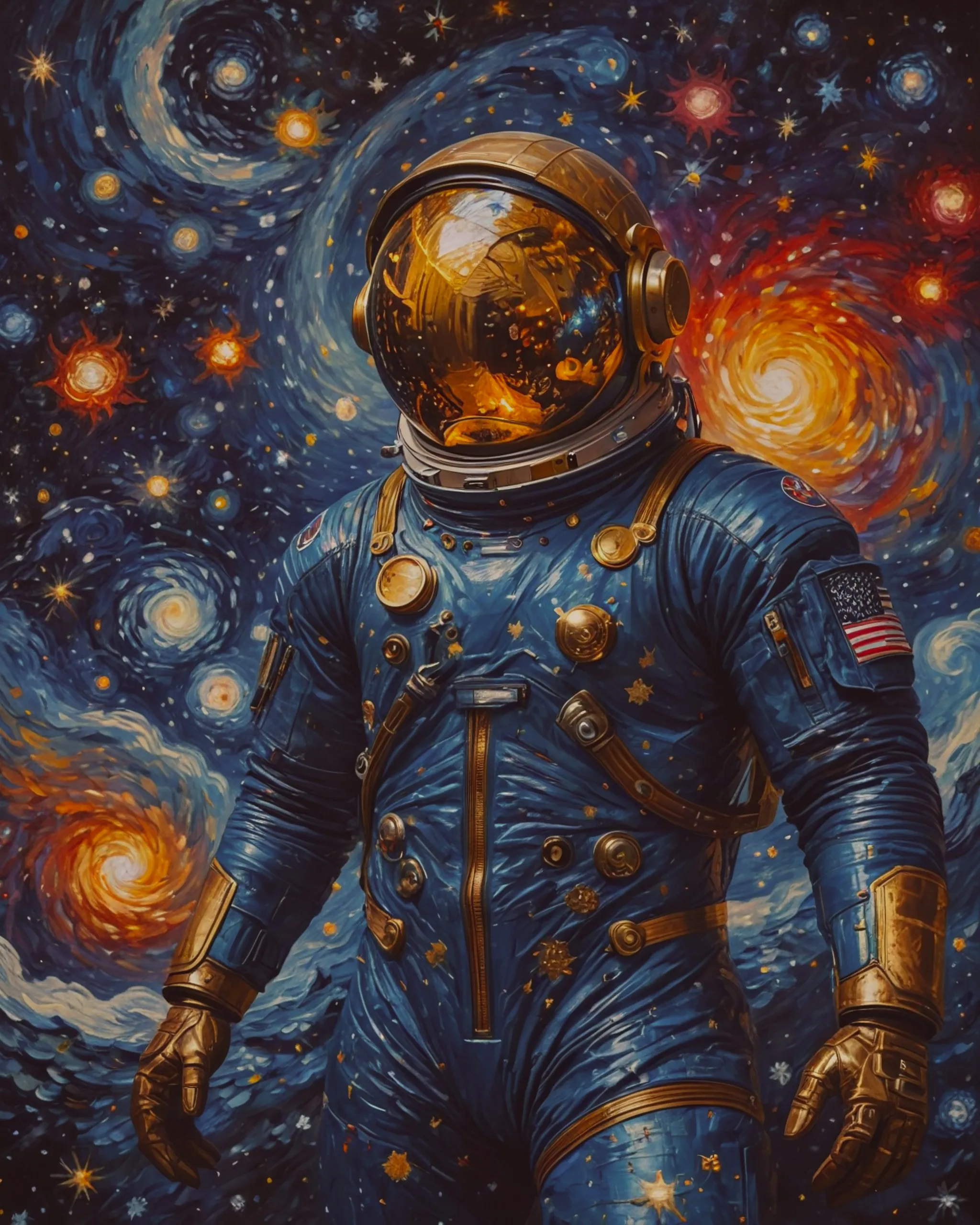 Vincent van gogh dressed as an astronaut flying through the cosmos, in the style of “a starry night” by Vincent Van Gogh 