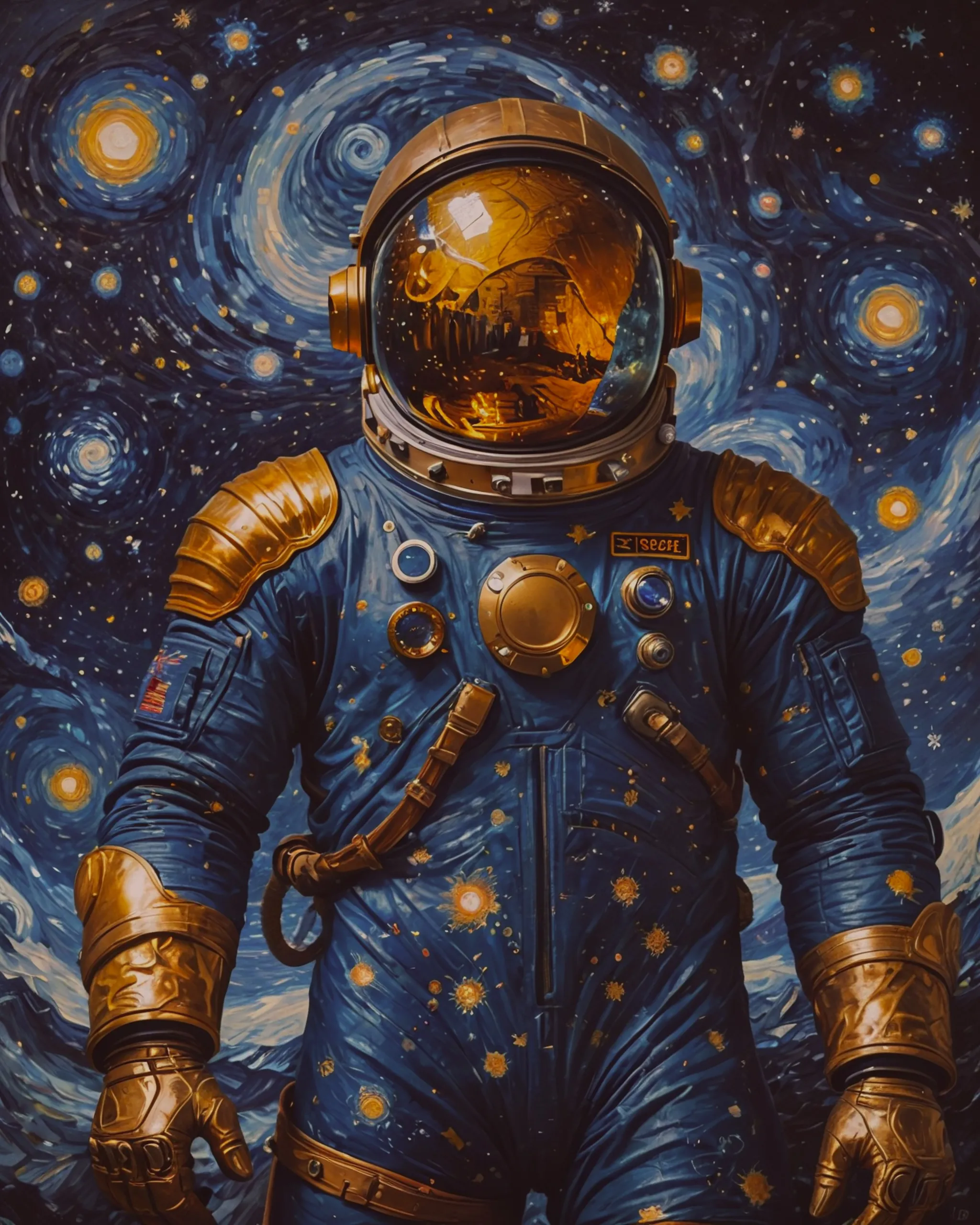 Vincent van gogh dressed as an astronaut flying through the cosmos, in the style of “a starry night” by Vincent Van Gogh 