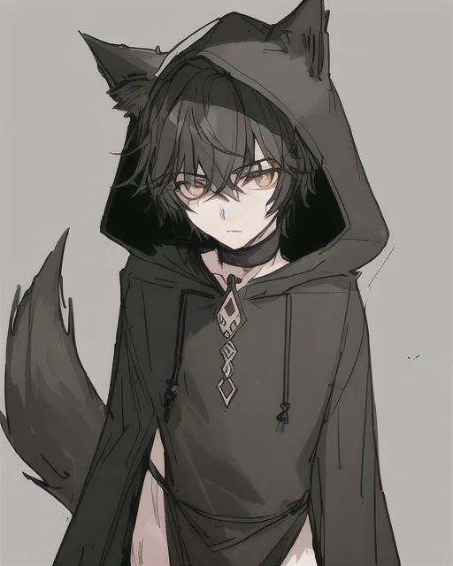 A boy with black and he eyes with wolf ears and a tail