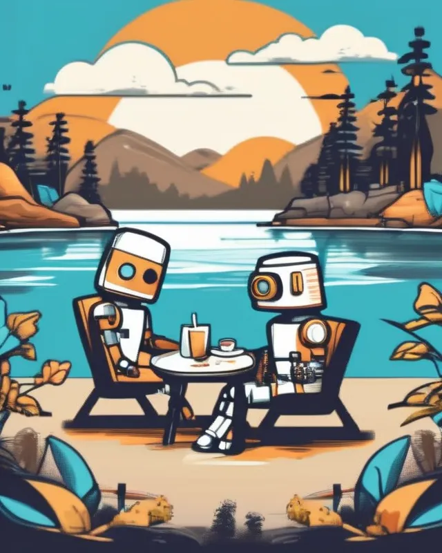 Robots and mechanical pets enjoying a vacation on the lake