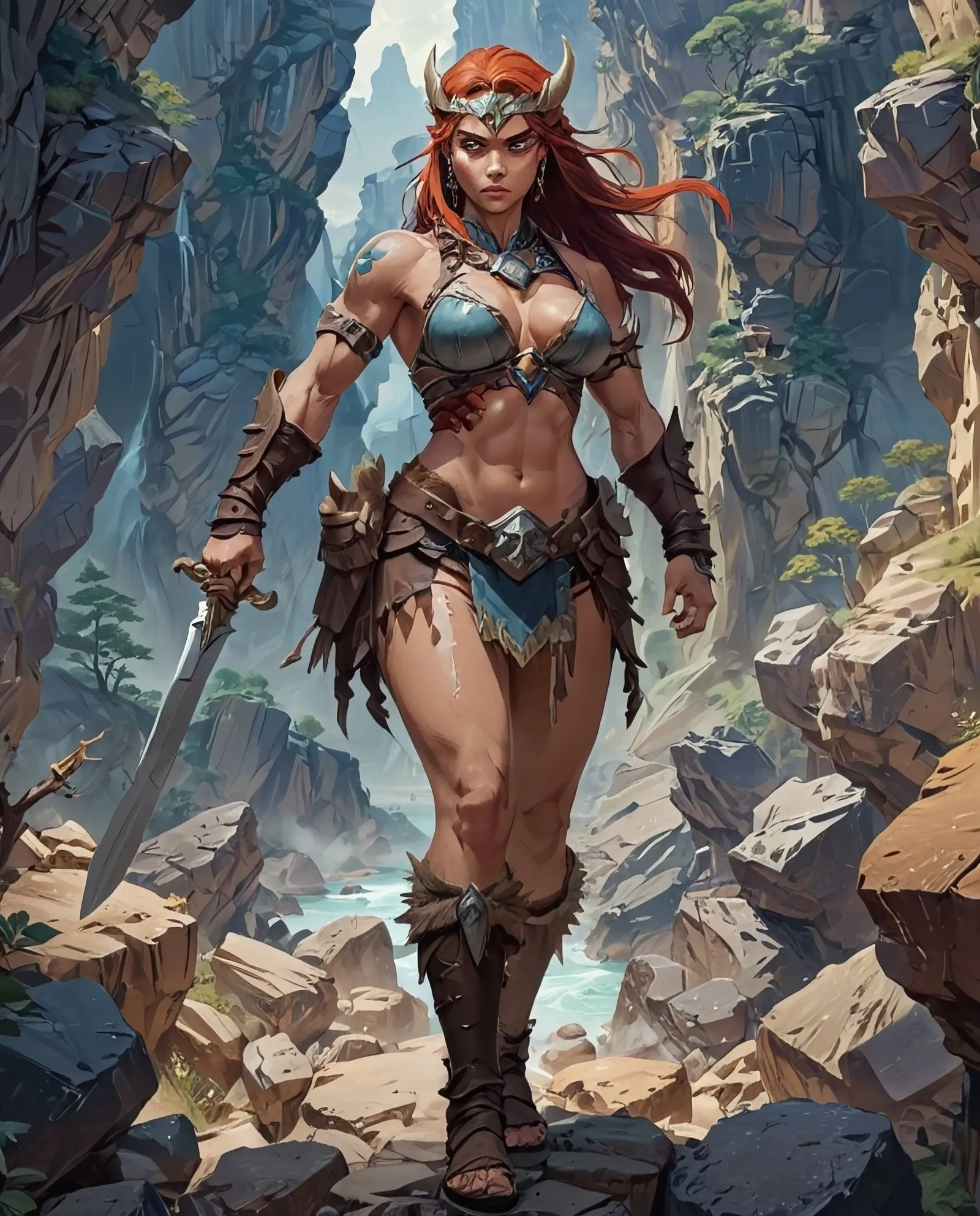 Barbarian queen in a rocky canyon