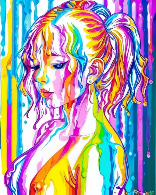 A beautiful young woman who is an artist that loves to paint standing in a field of colors while flinging paint from the tips of her hair 