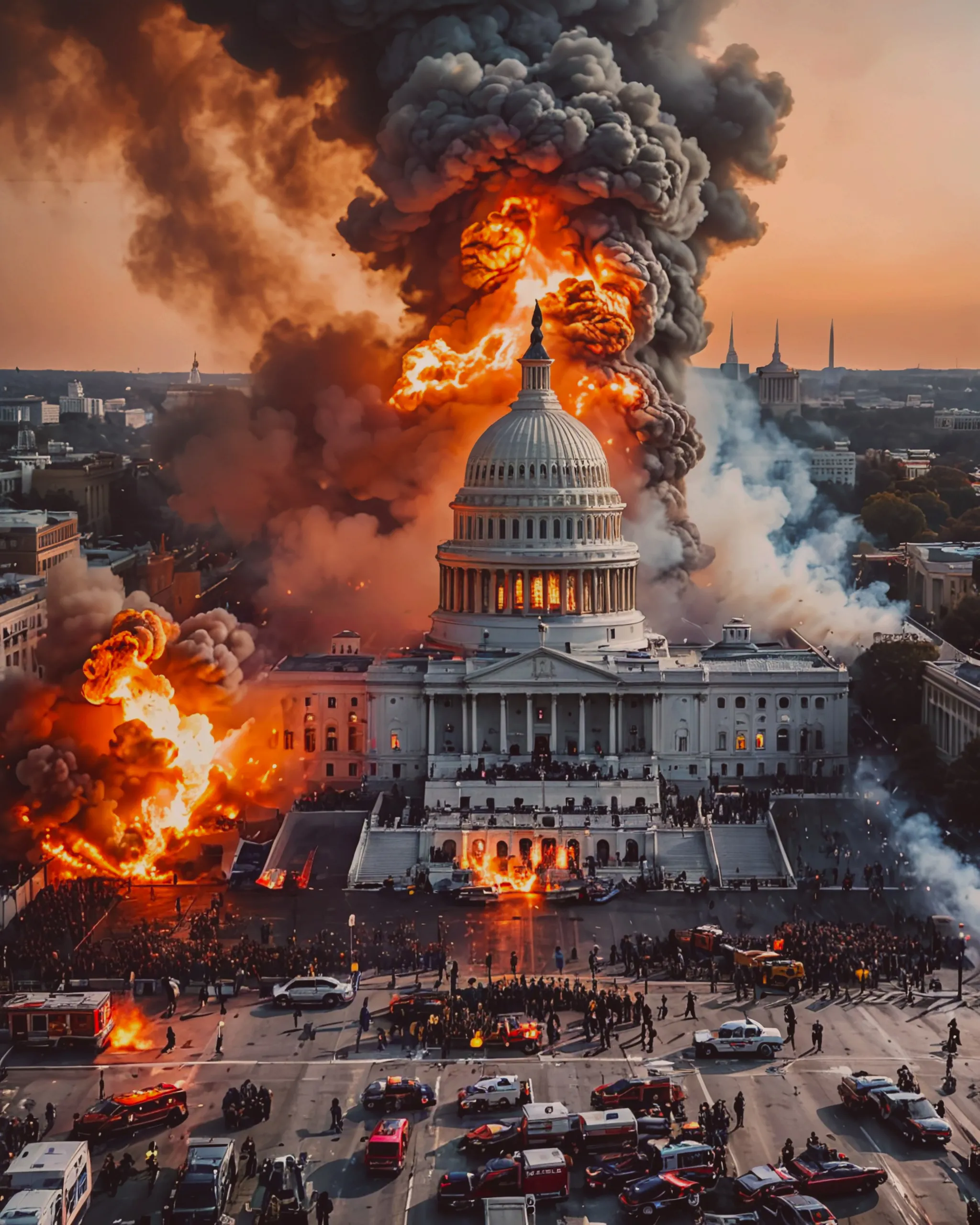 US capitol on fire. Wide angle view