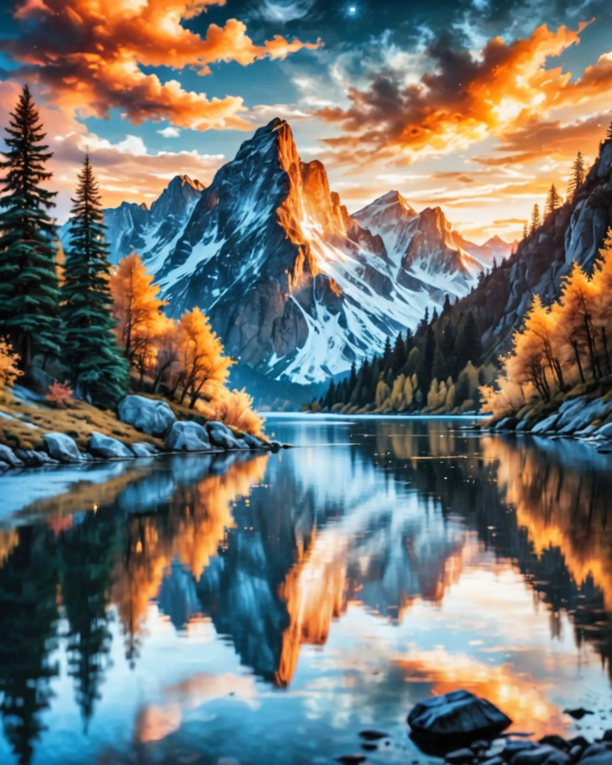 futuristic photo overviewing a calm lake looking up to a mountain . from Brushes and Beyond. this is a peaceful photo of nature. there are lots of Brushes and Beyond