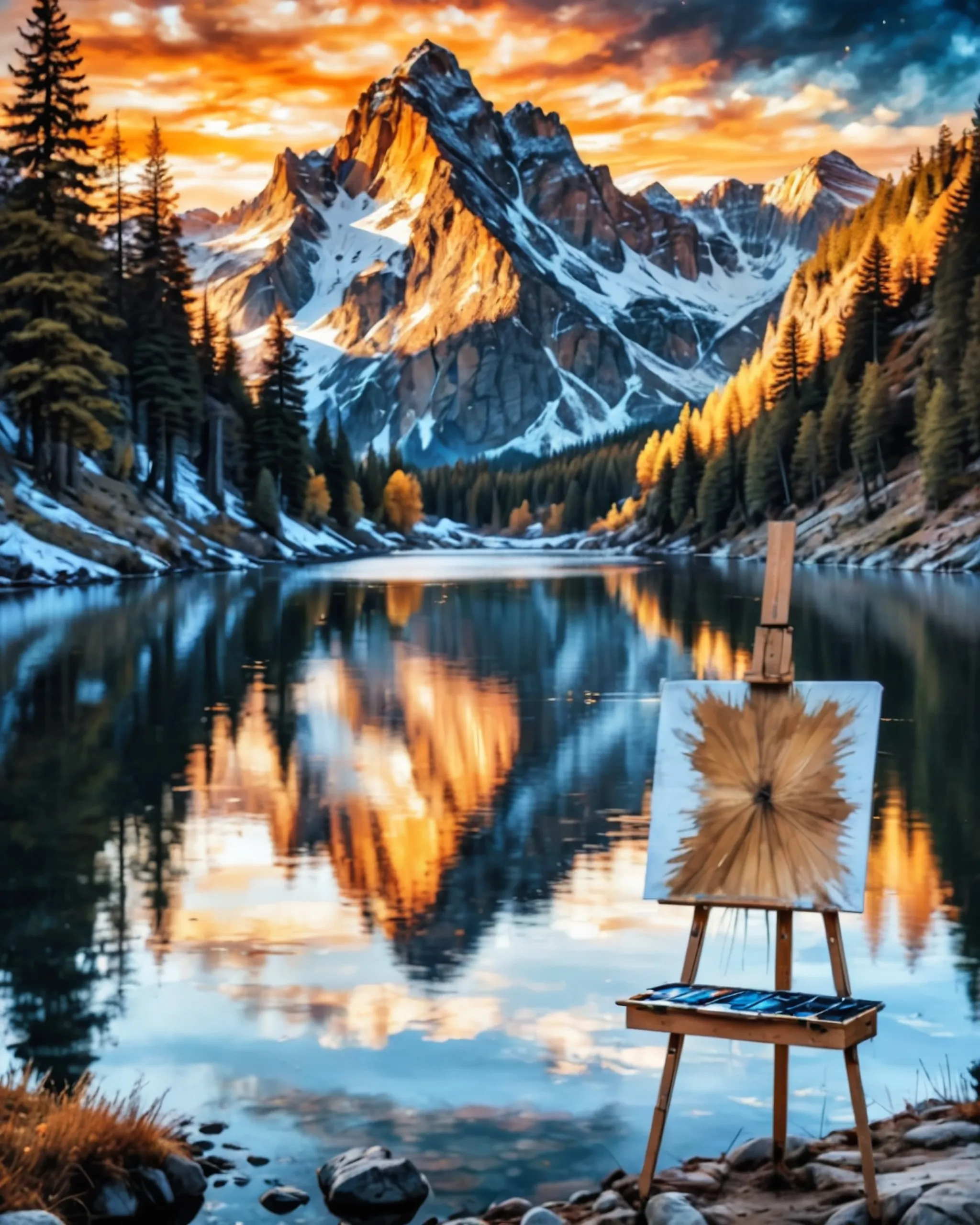 futuristic photo overviewing a calm lake looking up to a mountain . from Brushes and Beyond. this is a peaceful photo of nature. and to one side add a painting stand with a canvas on with paint brushes. add a painting of the mountains on the canvas  