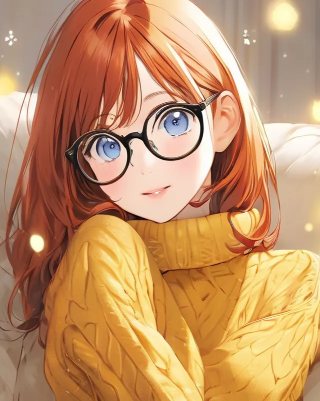 Pretty young girl with glasses. Blue eyes, red hair, honey skin, yellow turtleneck sweater