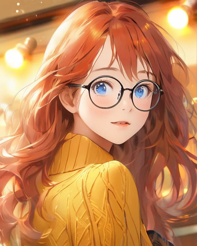 Pretty young girl with glasses. Blue eyes, red hair, honey skin, yellow turtleneck sweater