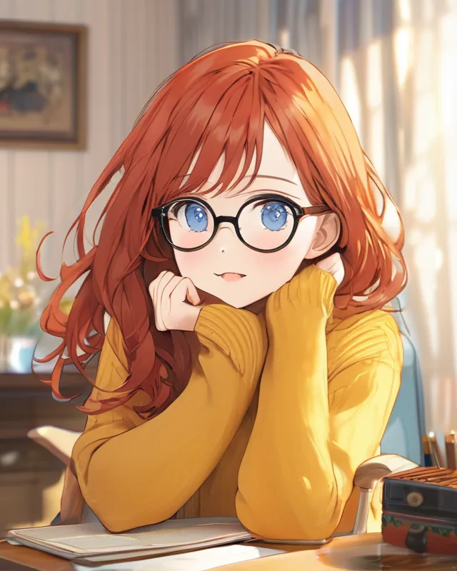 Pretty young girl with glasses. Blue eyes, red hair, honey skin, yellow turtleneck sweater