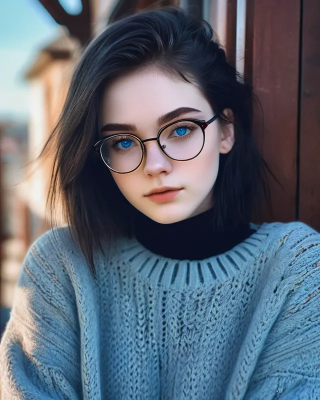 A very beautiful 19 years old girl, medium length layered haircut, black hair, pale skin, thick eyebrows,(beautiful tired eyes), blue eyes, prescription glasses, long eyelashes, pretty lips, sharp features, wearing sweater, (naturally soft skin, defined high cheek bones), 21th century, digital painting, digital illustration, extreme detail, digital art, 4k, ultra hd, hyperrealism, trending on artstation, vintage photography, tumblr aesthetic, DnD fantasy, hd photography, hyperrealism 9.12 jip