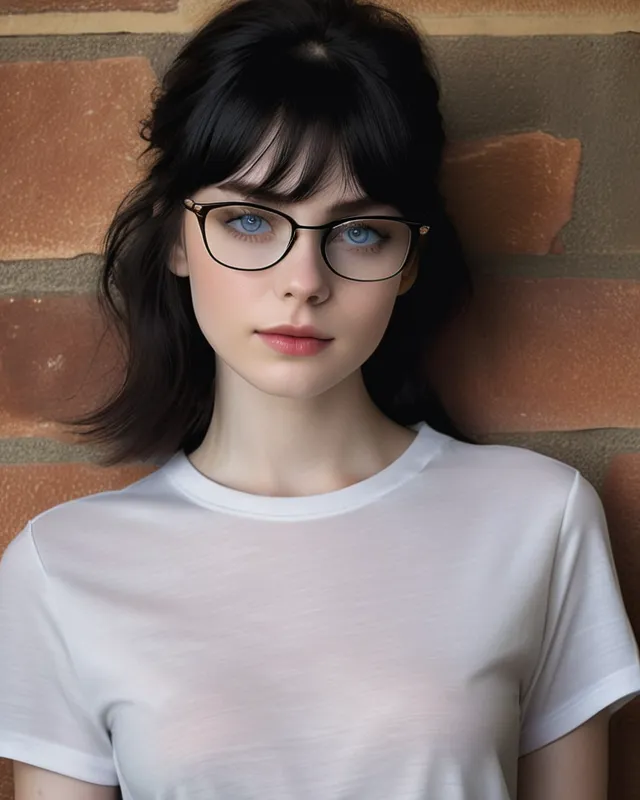 A very beautiful 19-year-old girl with medium-length layered black hair. She has pale skin, thick eyebrows, tired blue eyes, and is wearing prescription glasses. Her long eyelashes, pretty lips, and sharp features are prominent. She is dressed in a thin white t-shirt and half pants, revealing her naturally soft skin and well-defined high cheekbones. The image captures her in a full-body view, fitting a 9:12 aspect ratio, set in a 21st-century style with extreme detail and hyperrealism, blending a vintage photography aesthetic with DnD fantasy elements.