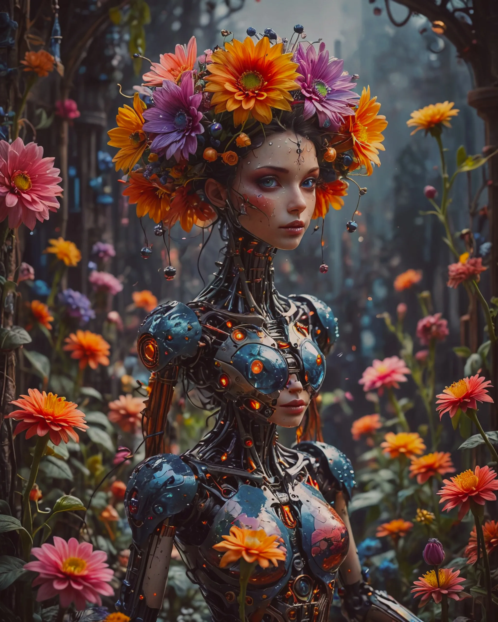 Animatronic flowers, magical realism, beautiful, unique composition, photorealistic, hyperdetailed, colorful, 