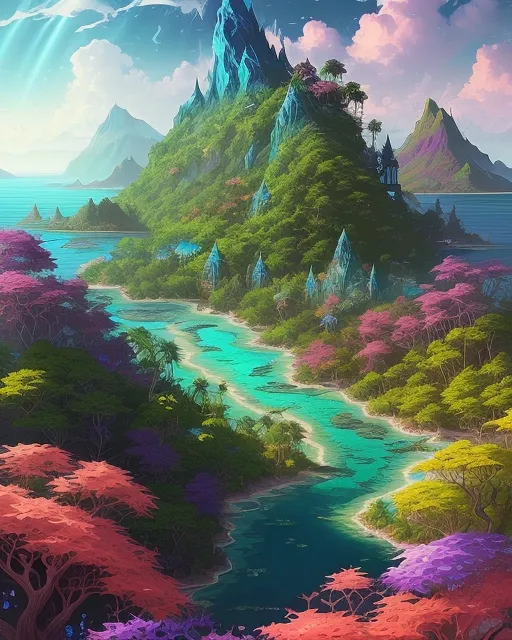 An array of different islands lush and tropical, Vibrant colors and crystal clear water blend together. The islands are populated by mystical and fantastical creatures of all kinds.