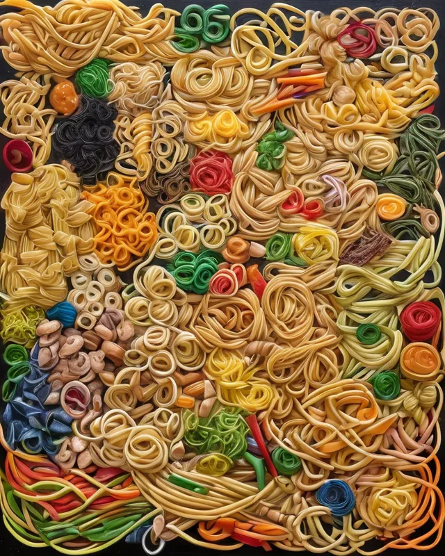 "Oodles Of Noodle Doodles;" all types of pasta, acrylic on canvas, oil pastels, vibrant, detailed, chaotic, meticulous, child’s drawing, scribbles, doodles