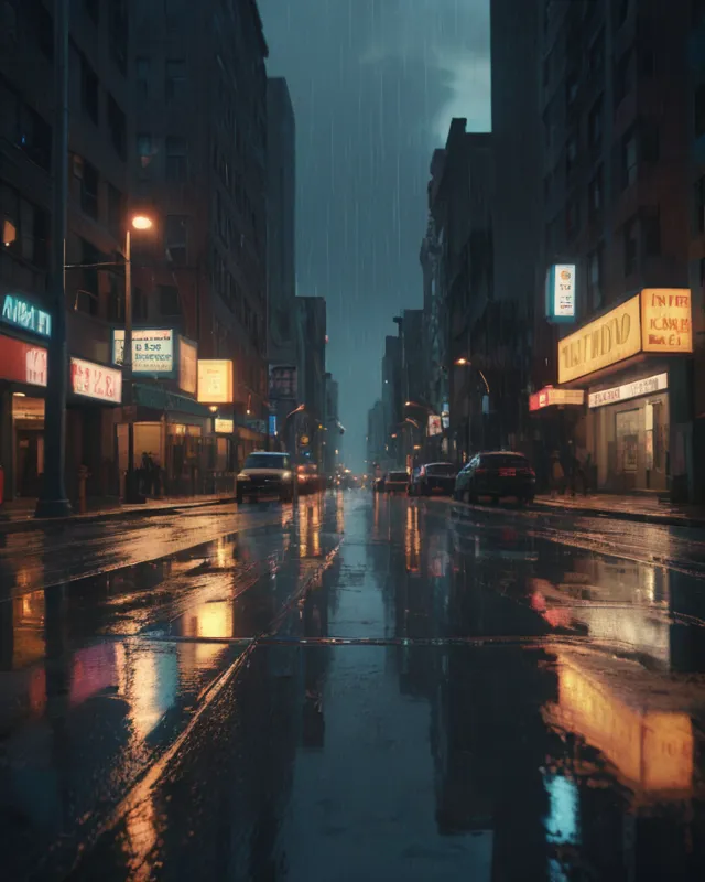 Downtown city at twilight, rainy city - AI Photo Generator - starryai