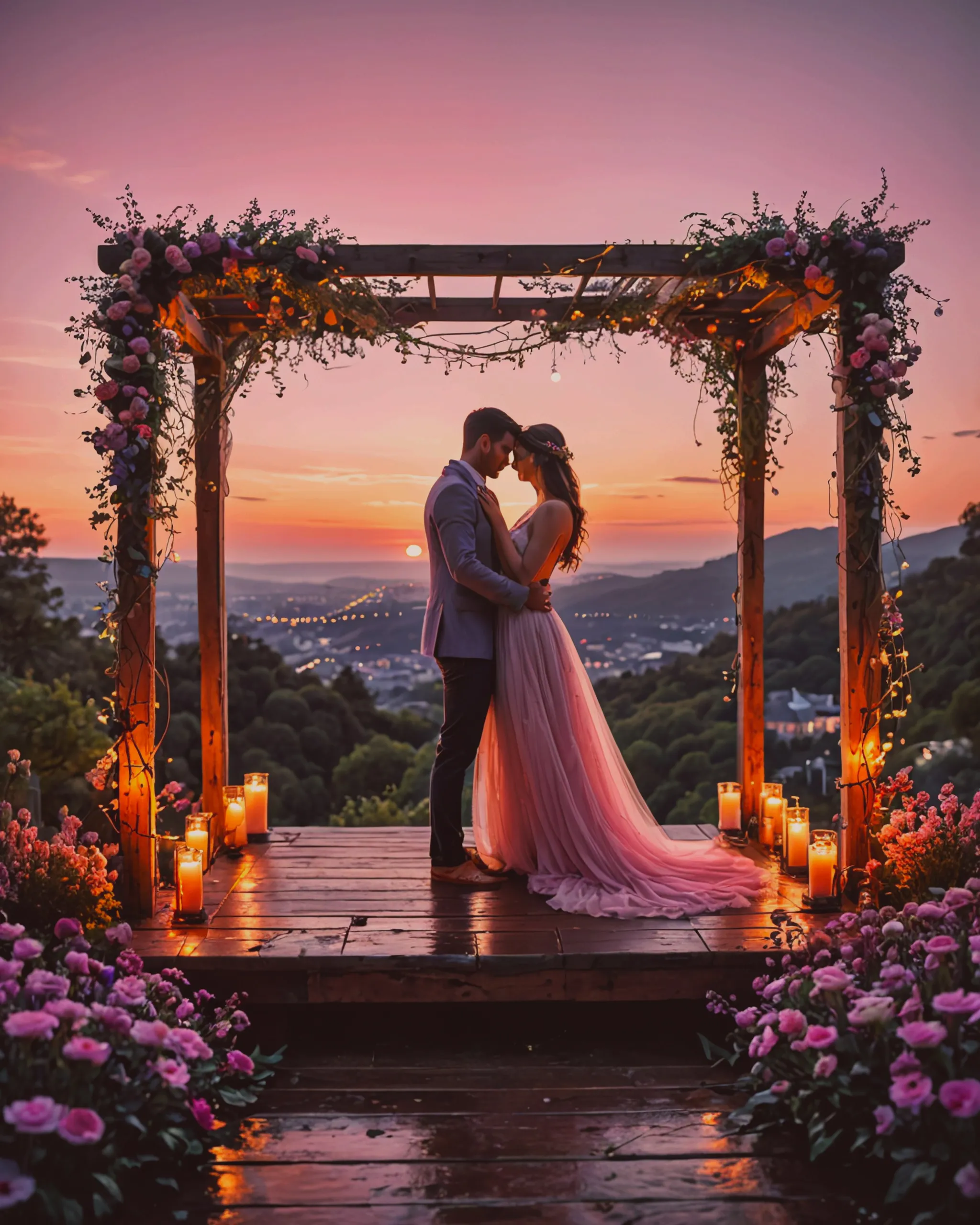 Imagine a cozy evening scene where the sun has just set, and the sky is painted in soft pink and purple hues. In the center of the image is a small wooden platform covered with fluffy cushions and blankets. Two people are lounging on it, wrapped in each other's arms, enjoying the view. The air is filled with the scent of flowers, and the sounds of the evening silence create a sense of tranquility and intimacy. Soft light from candles and tiny fairy lights adds an extra romantic and magical touch to the scene.