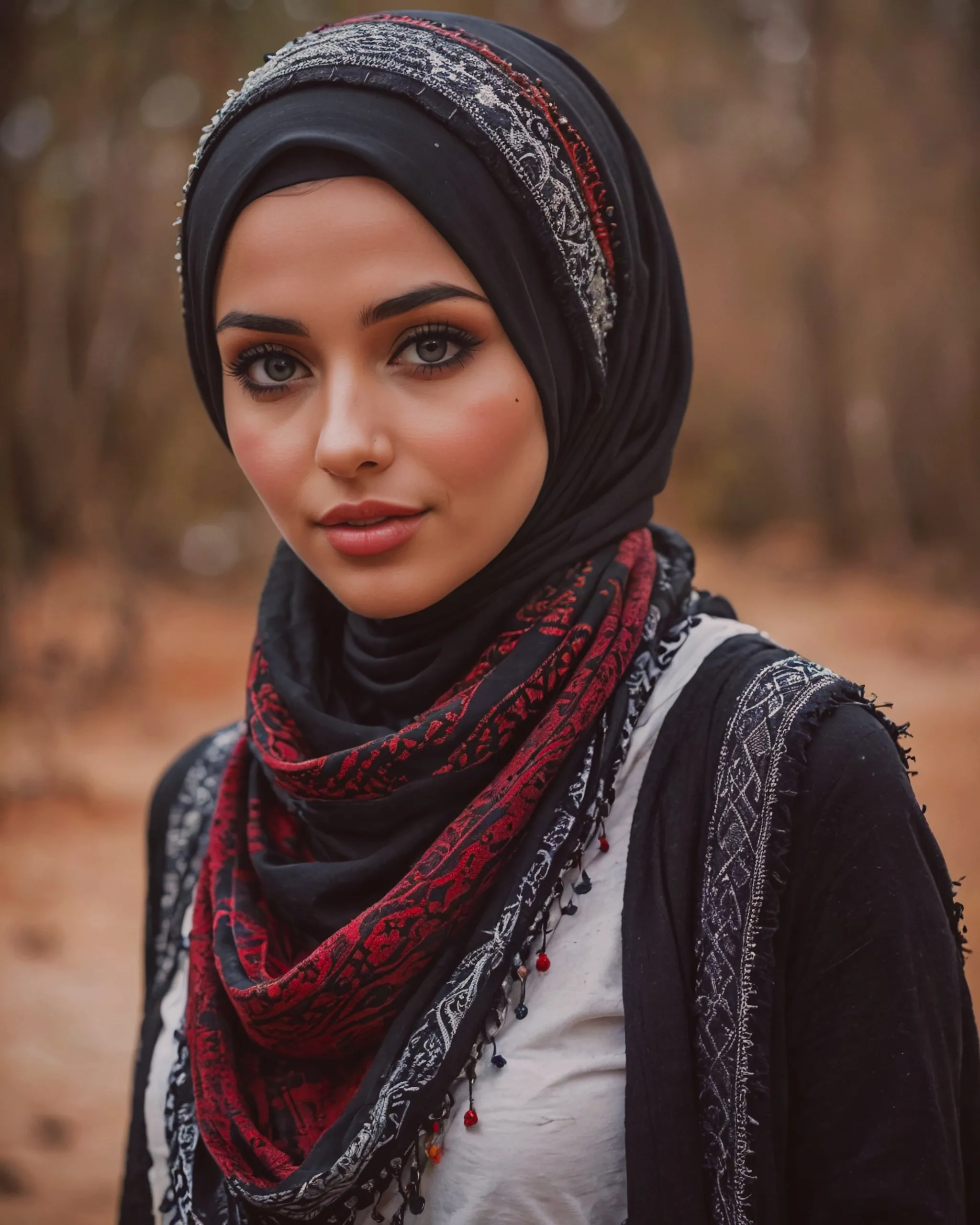 Beautiful girl wearing a black hijab with keffiyeh scarf and sweater 