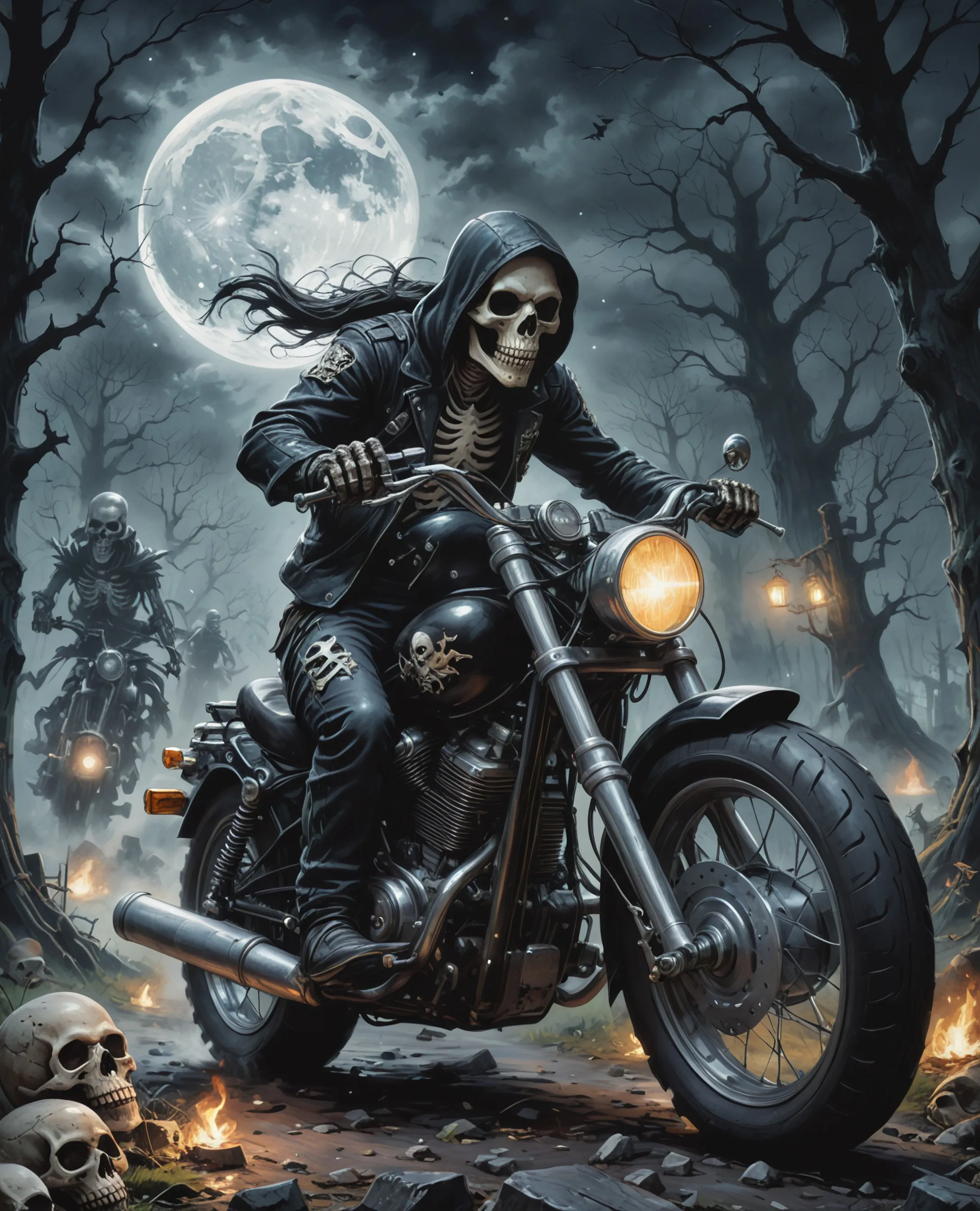 Skeleton Riding Skeleton Bikers ride their motor - Free AI Photo Generator - starryai