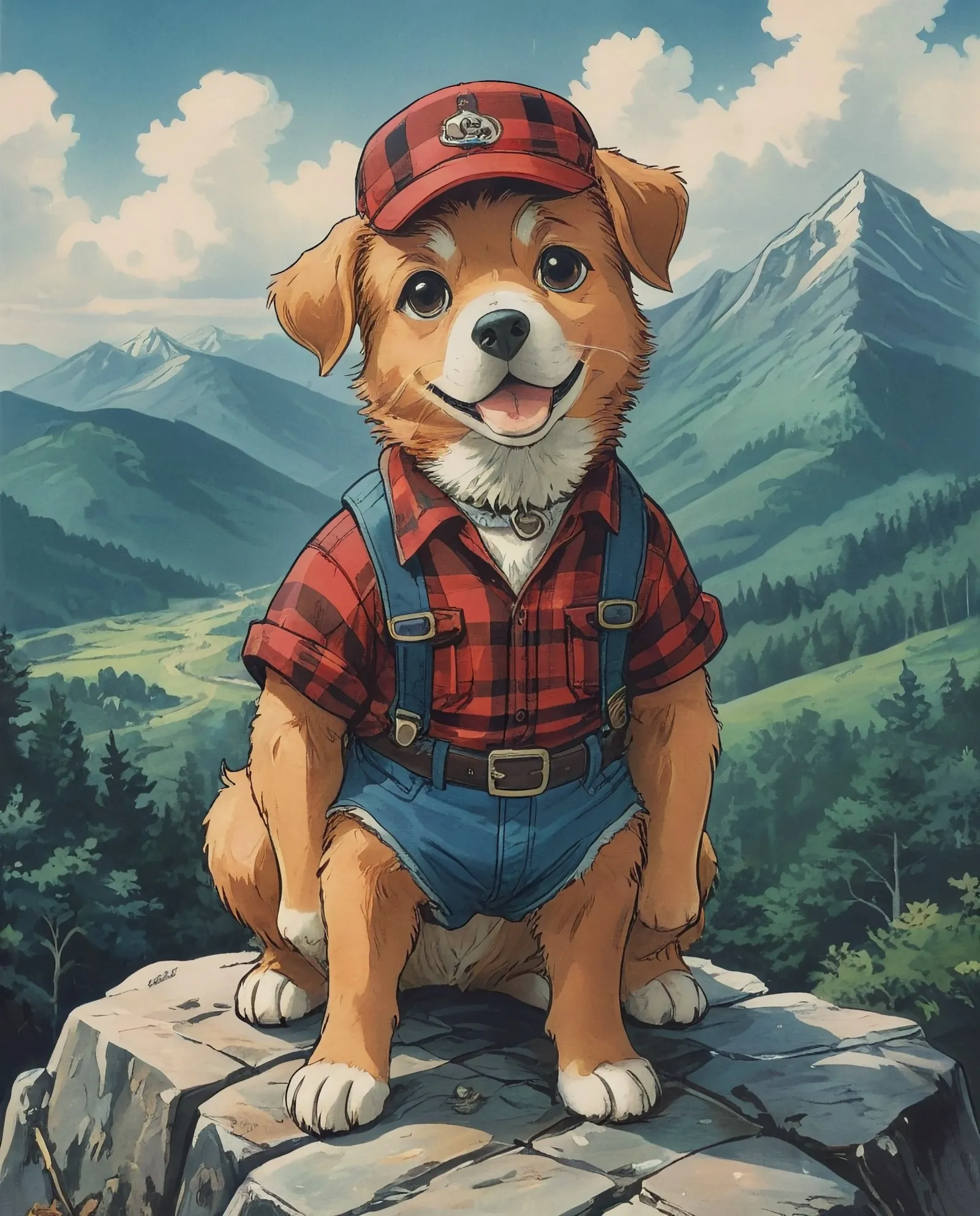 A dog in a lumberjack outfit climbing a mountain