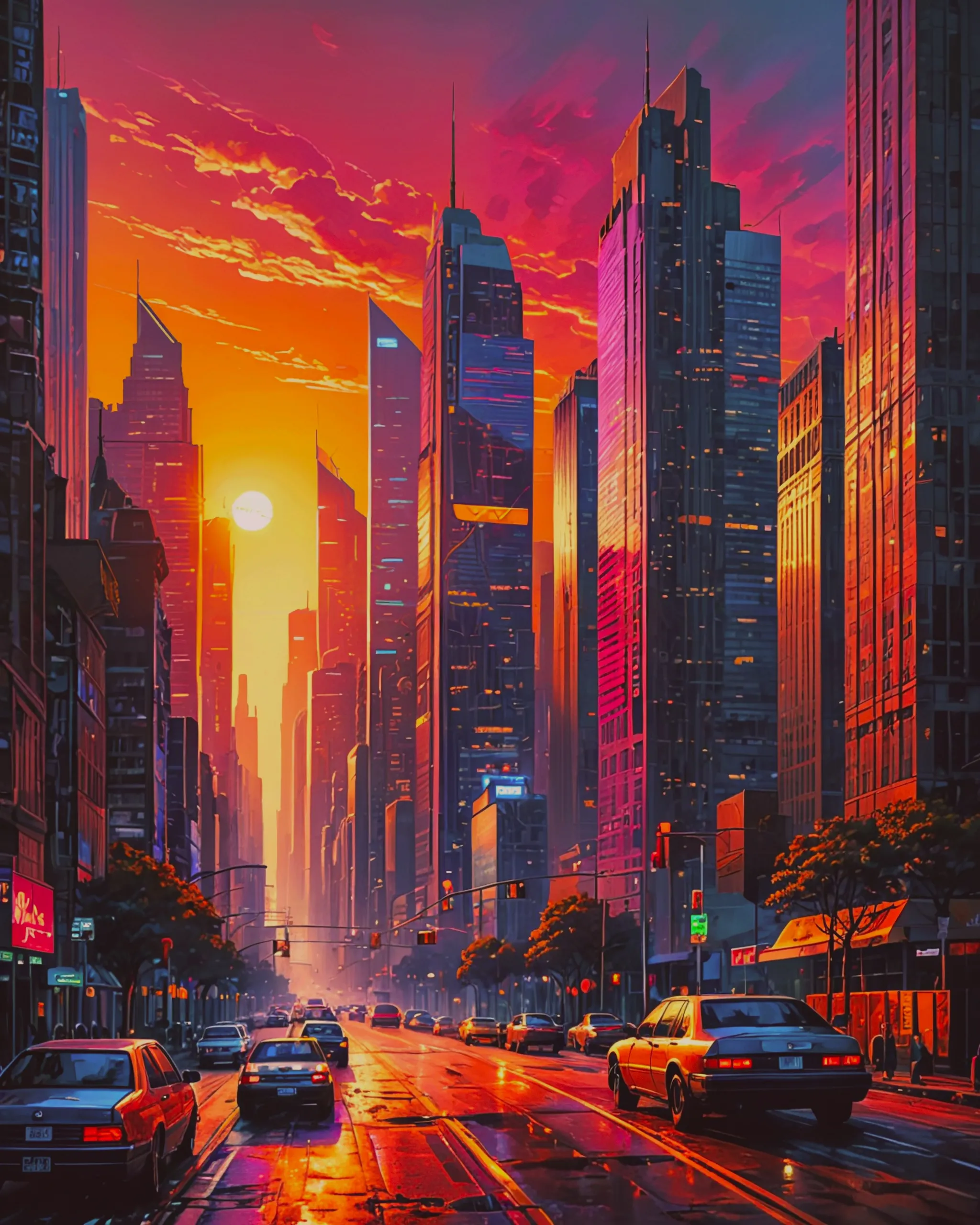 , beautiful synthwave city painting,  digital illustration,  extreme detail,  digital art,  4k,  ultra hd, radiant, golden hour, sun setting in between a line of skyscrapers on each side of a road.