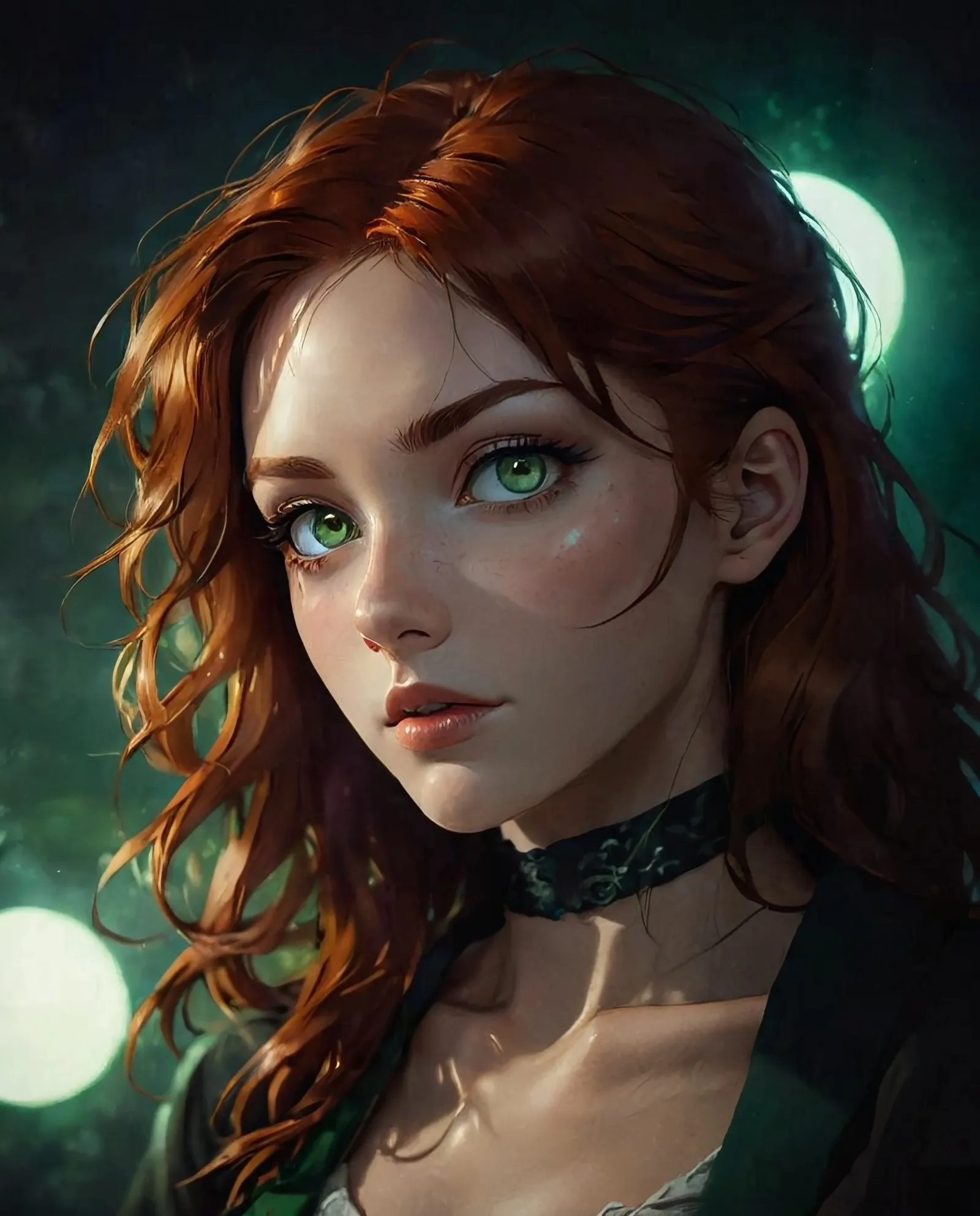 Woman auburn hair dark green eyes, HD, - AI Photo Generator - starryai