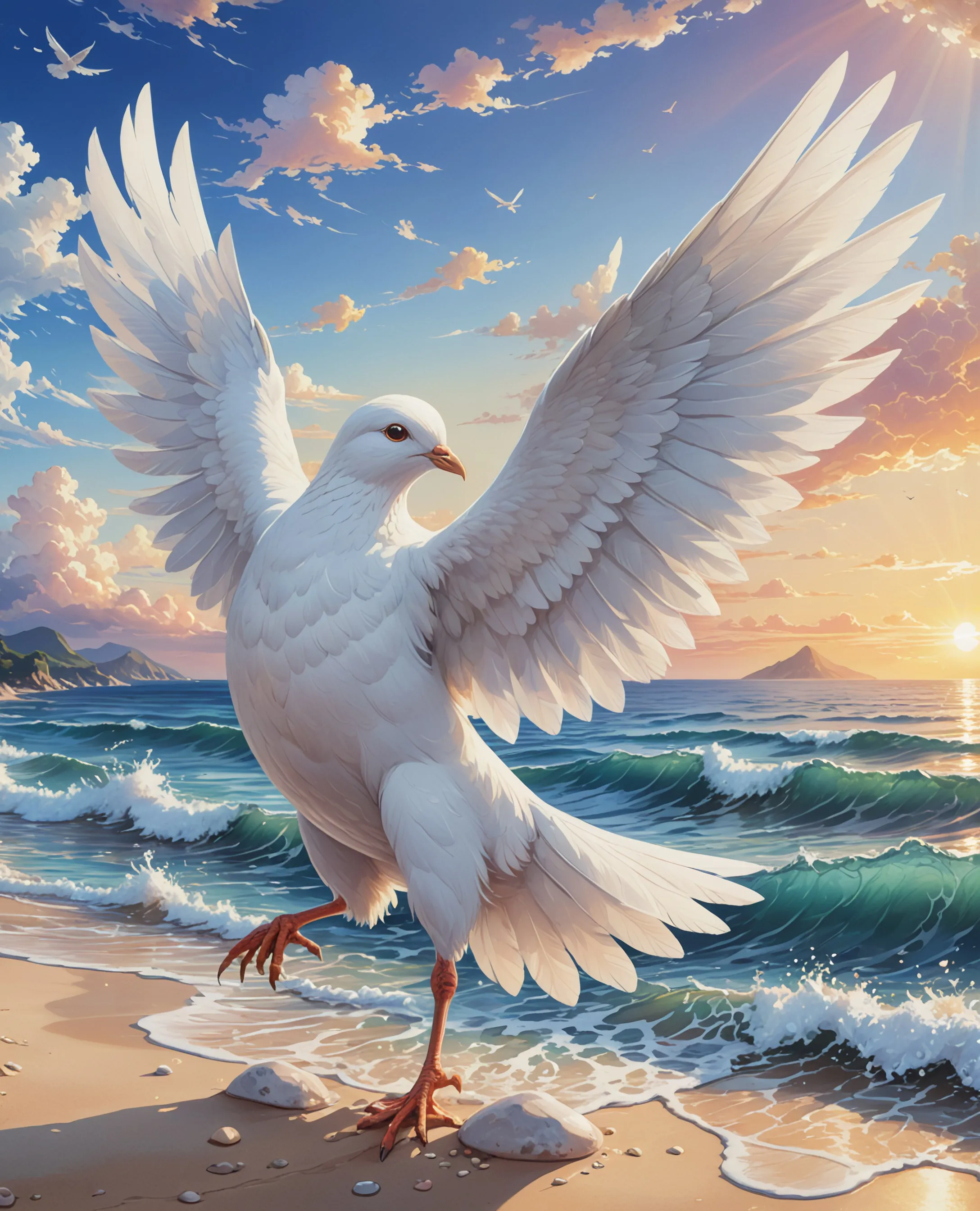 White opened wing dove flying over a blue glittery ocean with deep blue eyes and the sky blooming with the sun setting to the north and water rolling into the pebbles on the edge of the beach, anime character, vibrant, anime face, character design, wlop, artgerm, kuvshinov, unreal engine