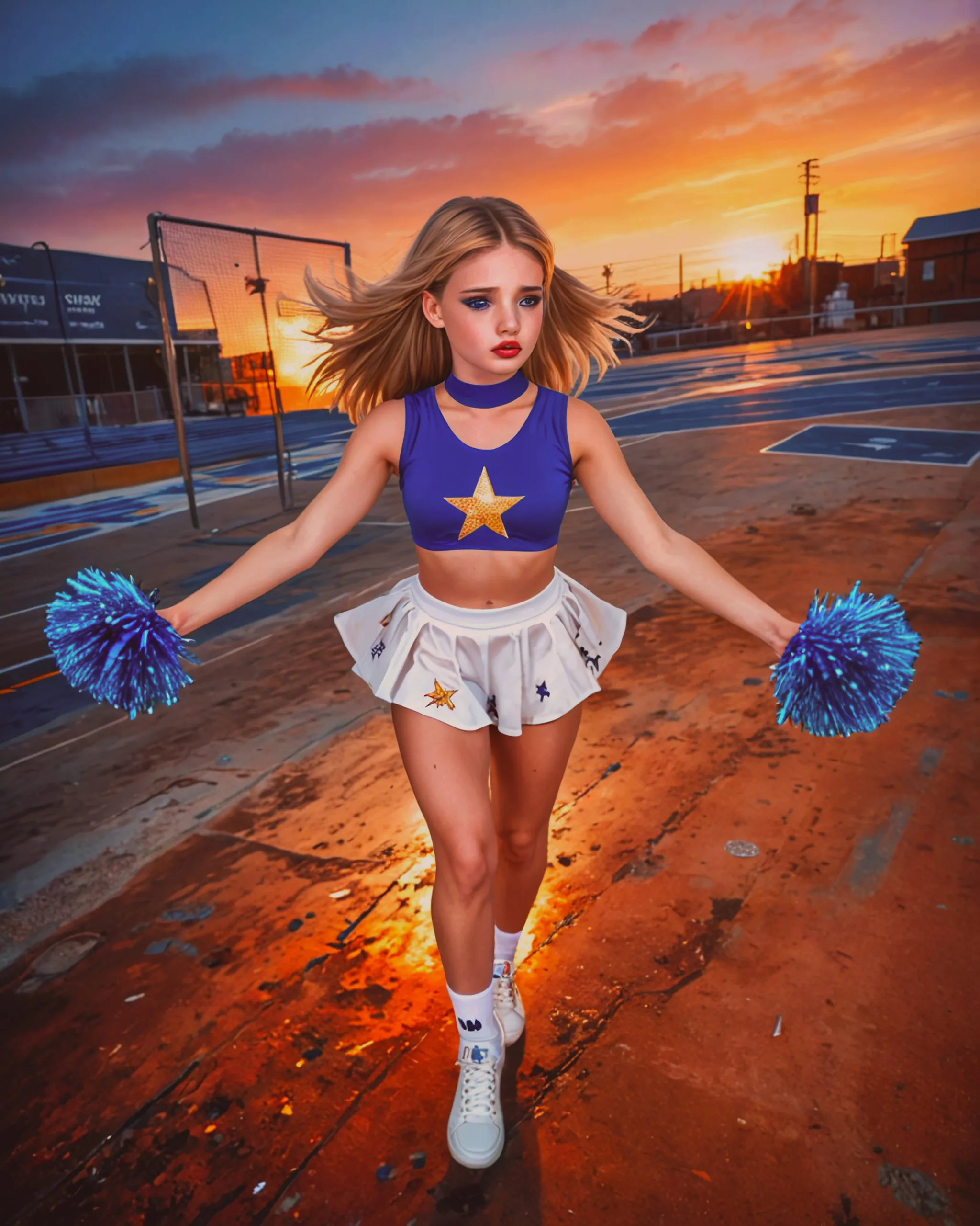 High school cheerleader, blue crop top. white skirt, star 5 point on the crop top, white and blue poms poms in both hands, oil painting, vivid colors, dusk