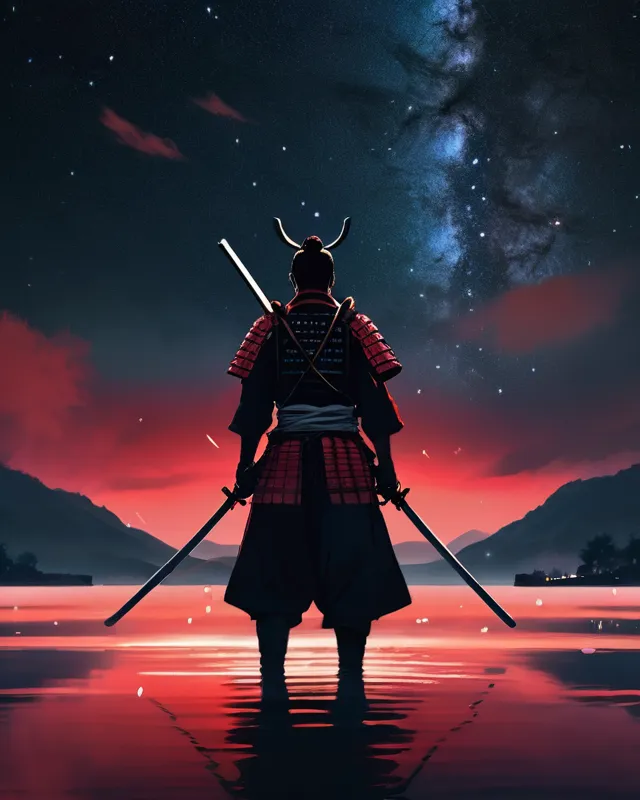 Samurai with two swords stand behinds the lake in night with red moon and the sky full of stars and, digital painting,  digital illustration,  extreme detail,  digital art,  4k,  ultra hd