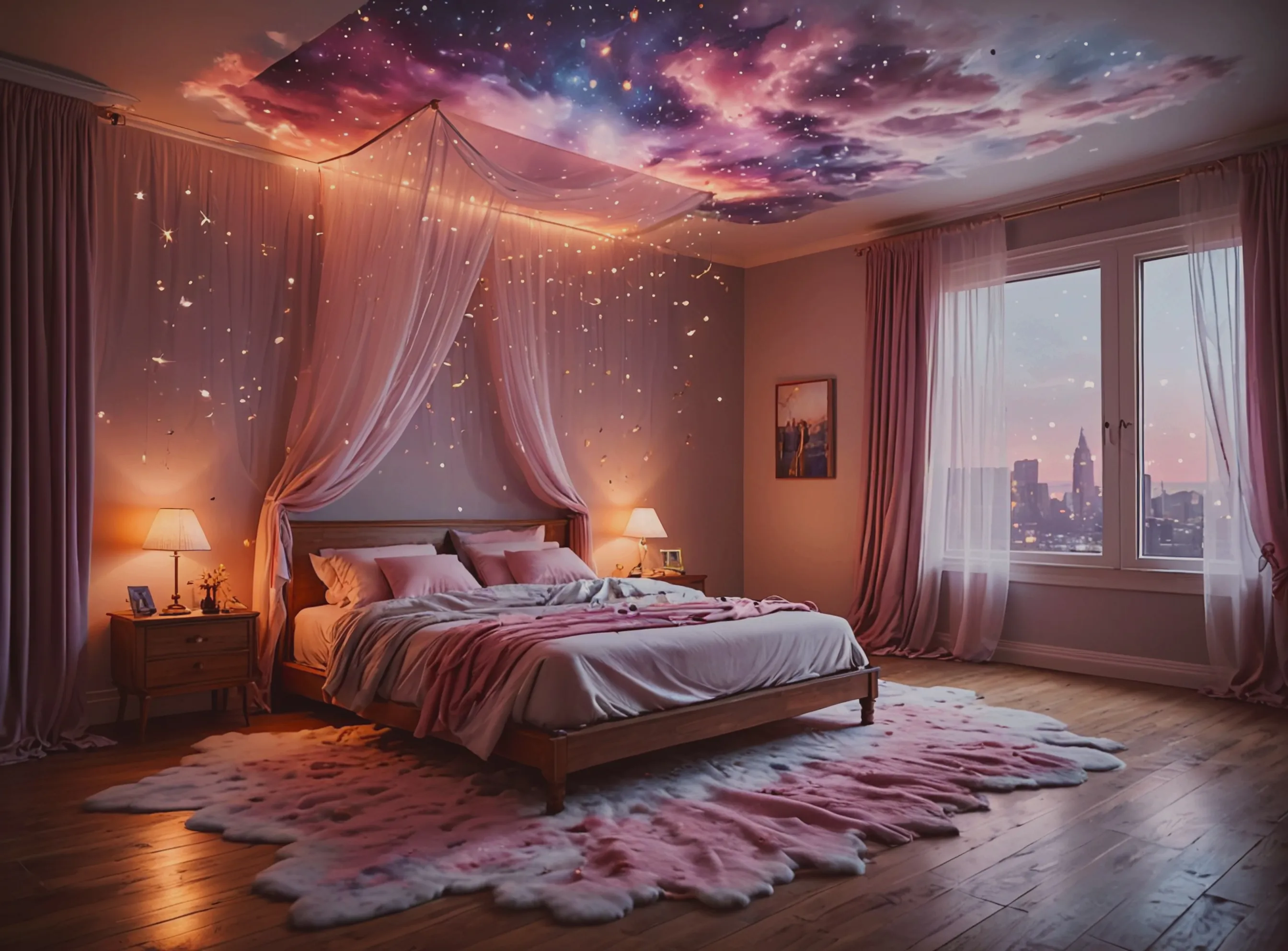 "A dreamlike bedroom where the bed is made of clouds, floating above a floor of starlight. Around the bed, soft pink and purple drapes flow like water, while tiny glowing fireflies drift lazily through the air, casting a magical, feminine glow over the serene space."
