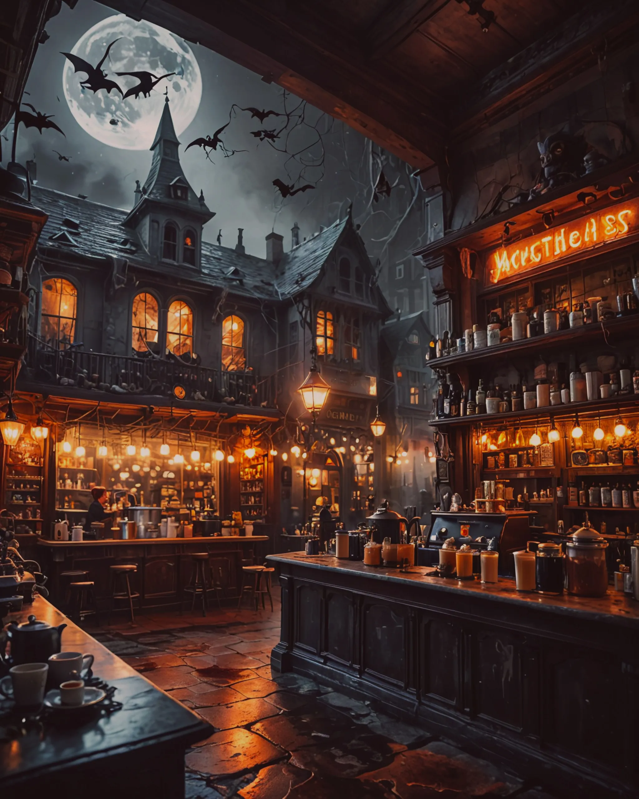 Coffee shop in a Halloween world