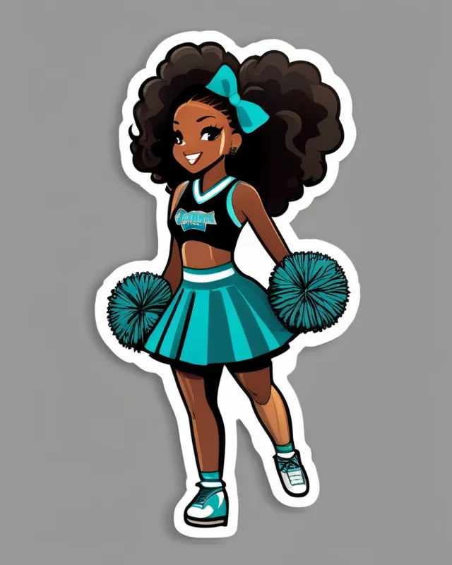 Ebony woman in a black and teal, and tan cheerleader outfit.