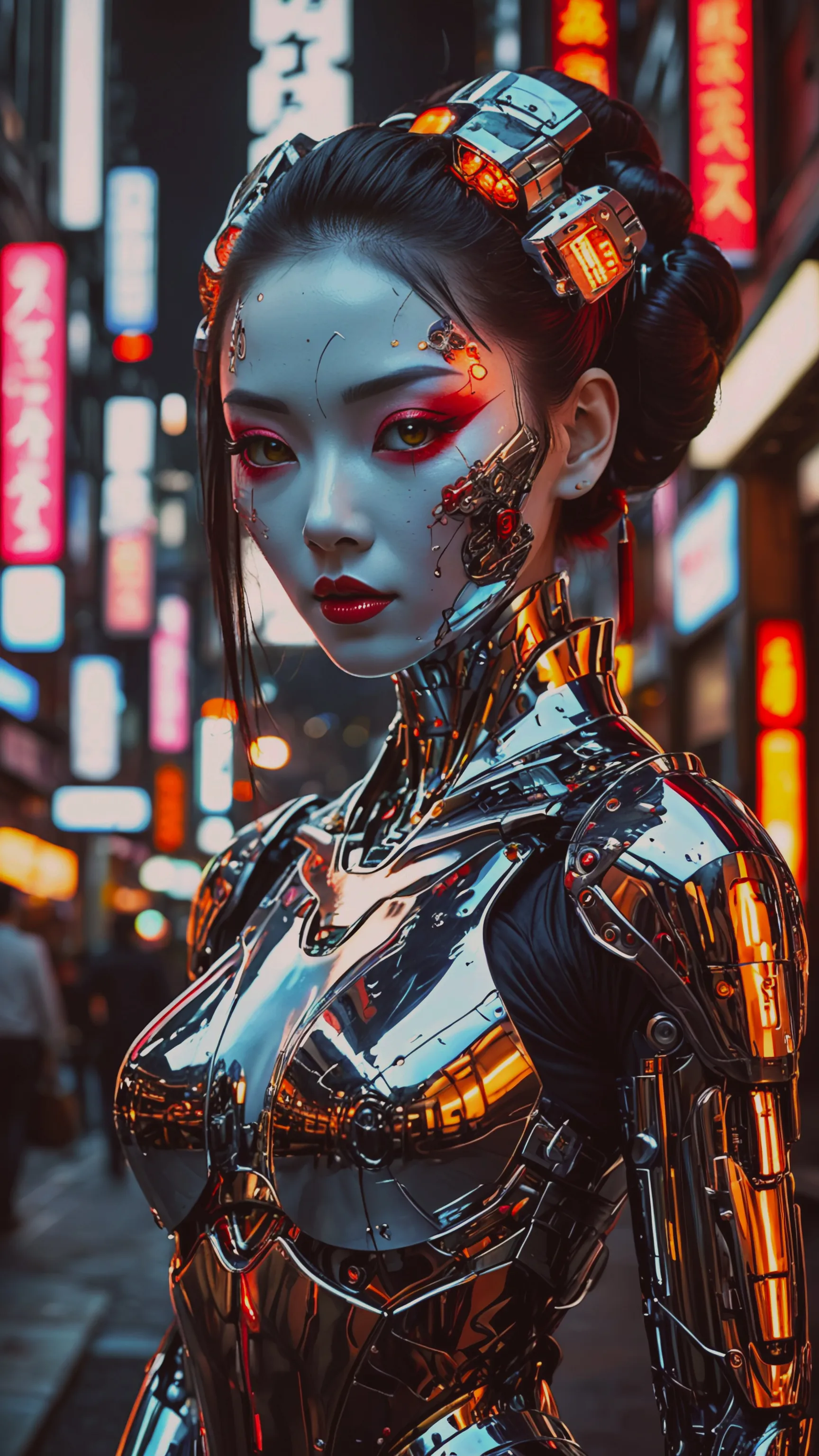 Medium shot from waist up, Polished steel face Robot geisha cyborg machine, her skin is metal, she is made of metal, her face is chrome, polished chrome