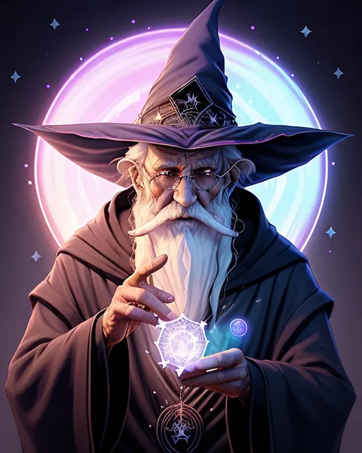 Old wizard. Pointed hat with stars and moons on it. Long robes, purple and blue, shimmering. Holding his hands out slightly, playing cards floating above his hands with a magic aura around them