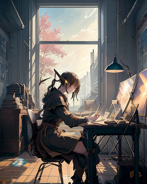  Beautiful wizard sitting at a desk in a studio surrounded by floating pencils sketching and drawing his environment, dramatic lighting, epic composition, masterpiece collection, 8k,