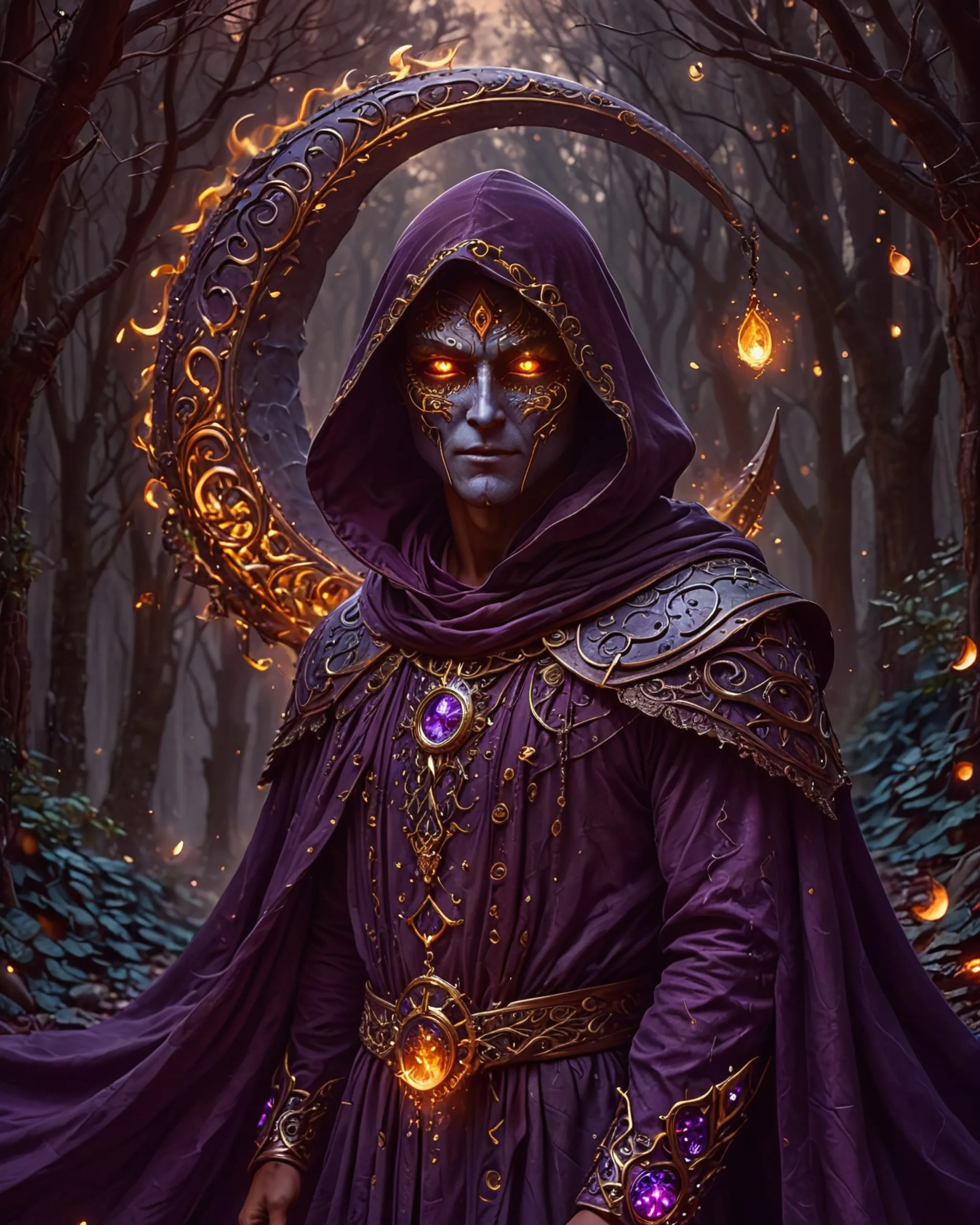 Wizard mask cloak, purple flames, - Free AI Photo Generator - starryai