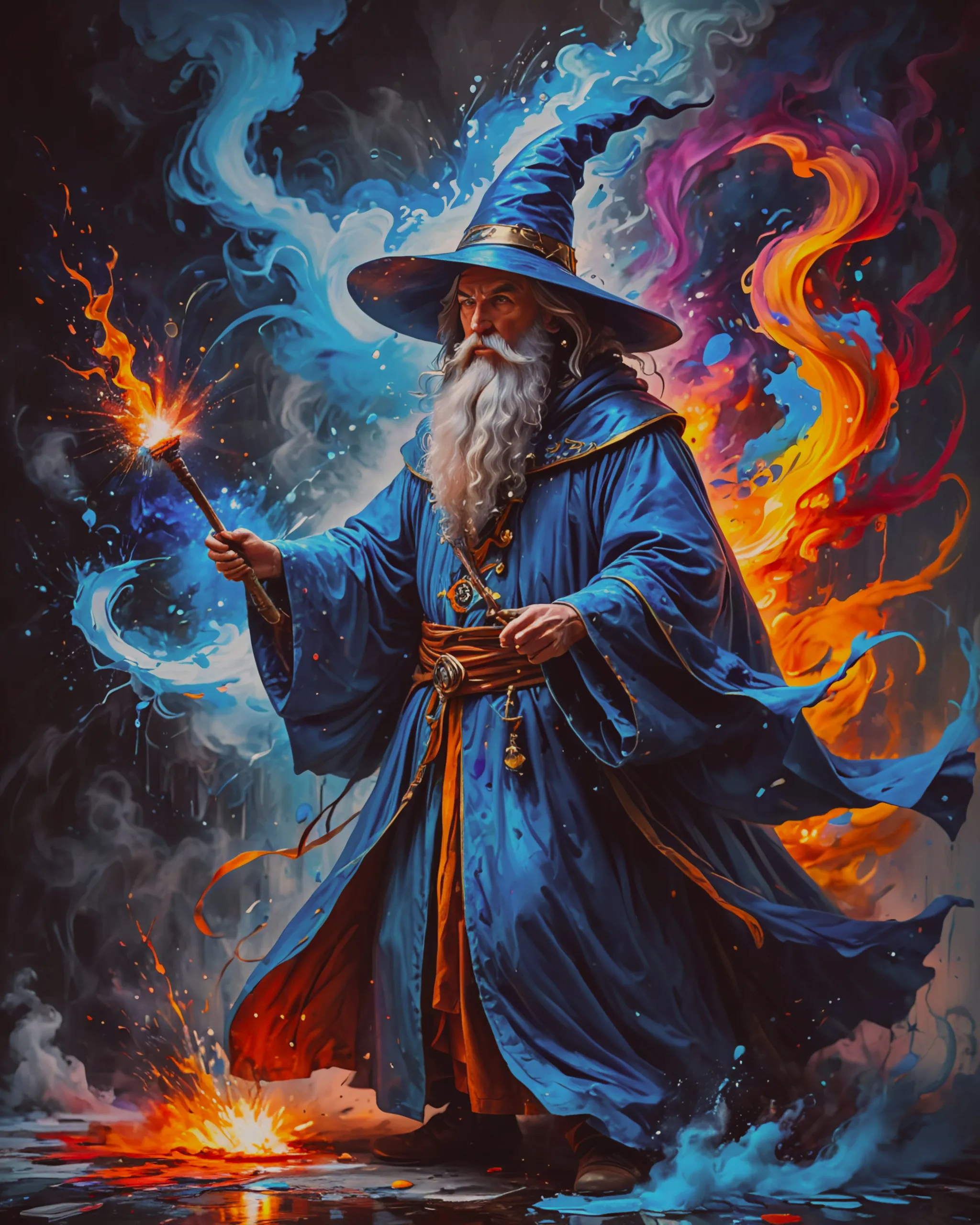 a wizard with a blue robe and hat attacking with his wand spewing paint 