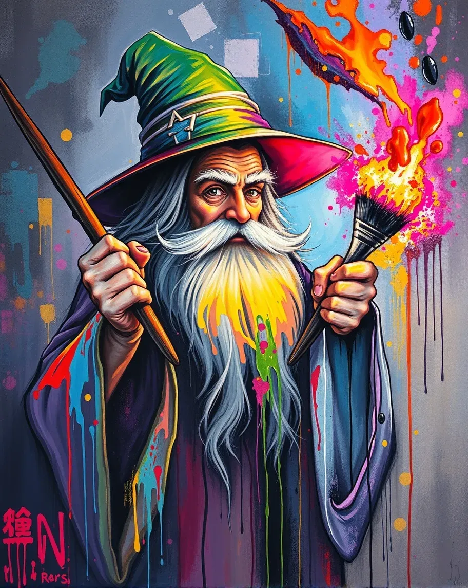 Magic art, wizard holding a brush, vibrant colors, splatter and drip