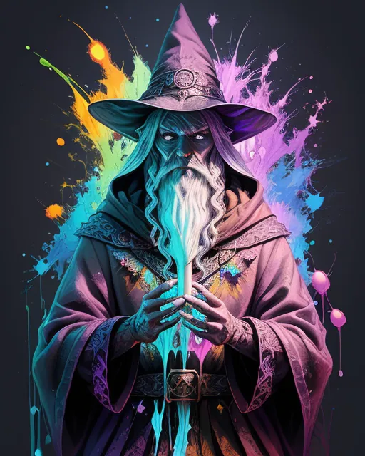 Magic art, wizard holding a brush, vibrant colors, splatter and drip