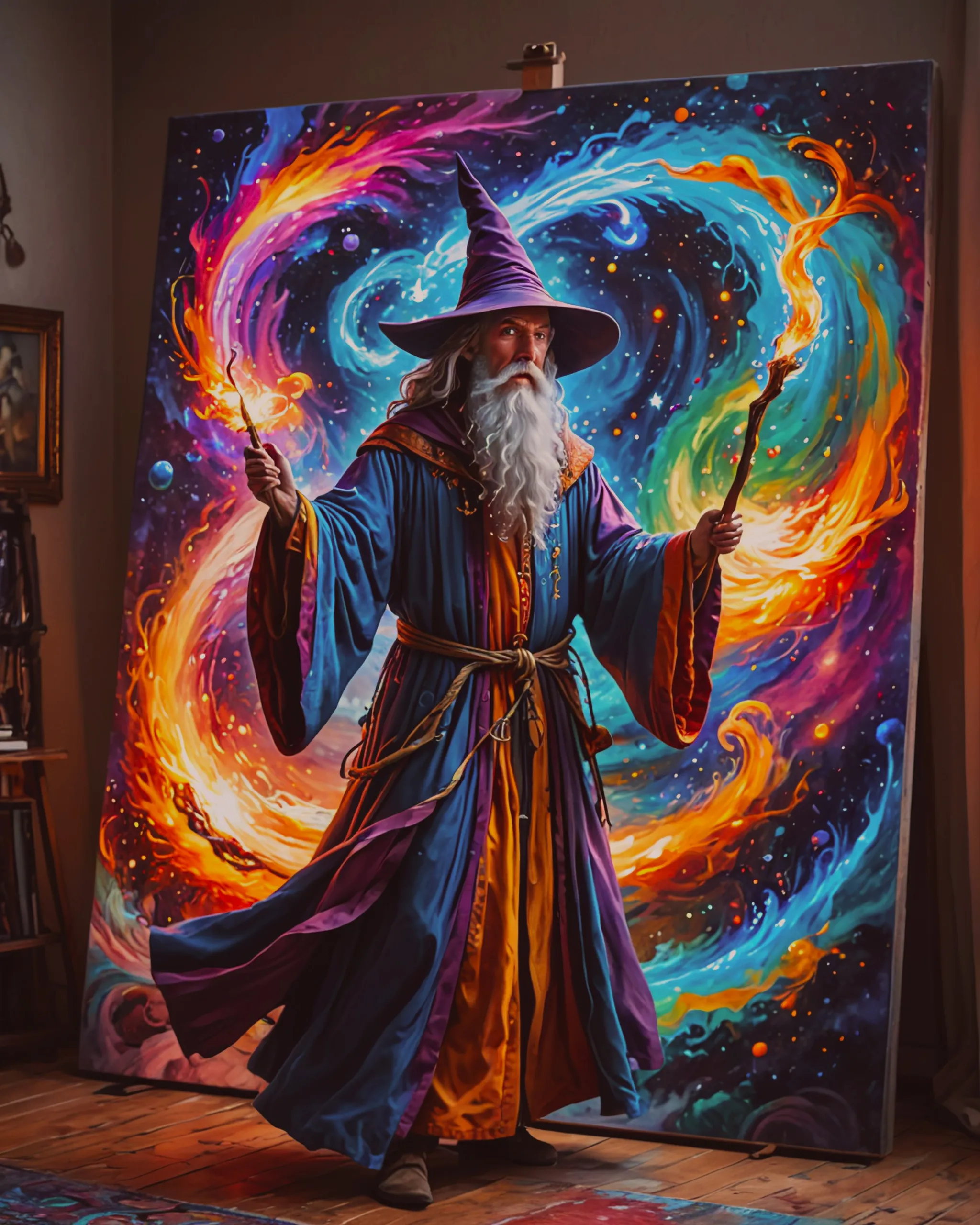 A mysterious wizard with flowing robes and a magical staff stands in front of a canvas. As he waves his staff, the drawings on the canvas come to life, swirling in vibrant colors and transforming into mystical creatures that leap off the page into the real world.