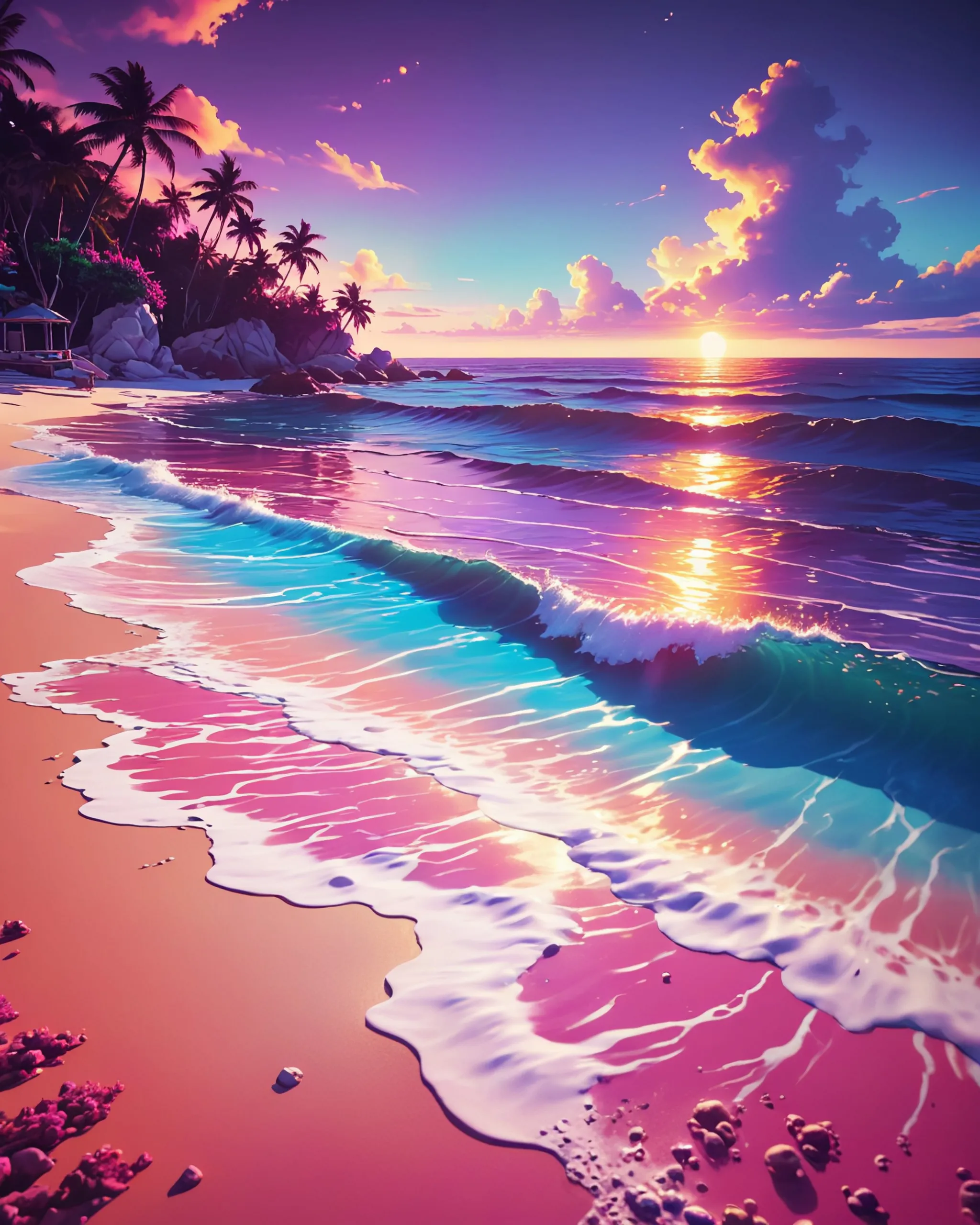 A serene (((beach))) with crystal clear waters and soft, sandy shores, splashed with (((vivid hues of purple and pink))), creating a gorgeous subset that draws the eye