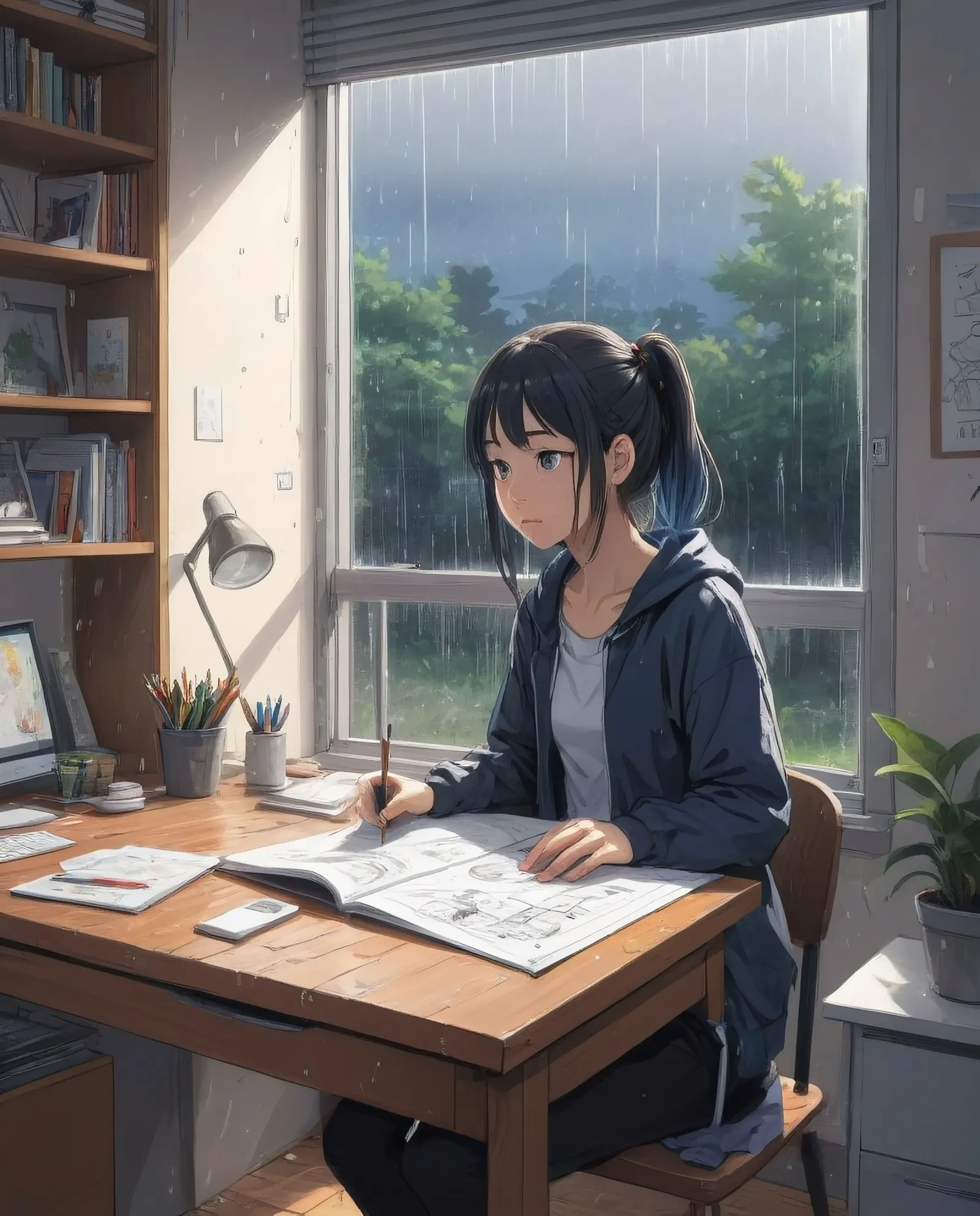 Girl sitting inside a room at a desk sketching some art, raining outside