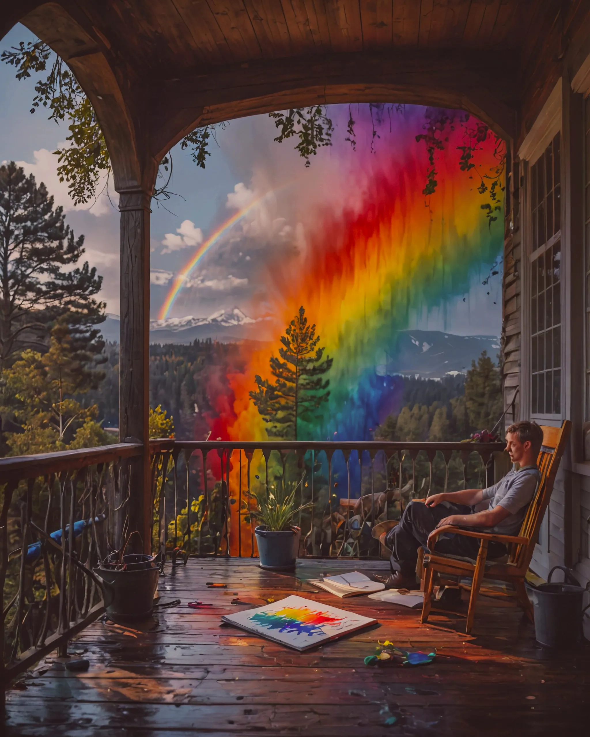 A person is seated on a desk outside on a wooden porch. They are drawing on a sketch pad and a rainbow is rising out of the pages. 