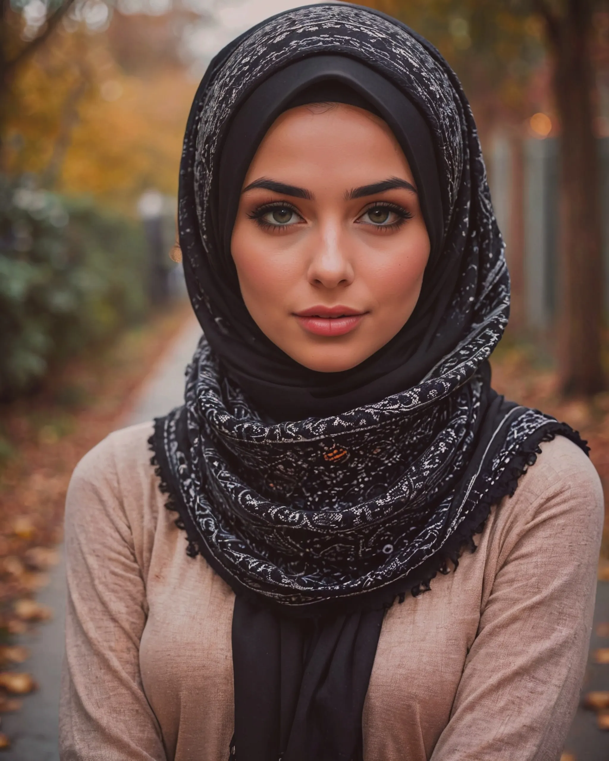 Beautiful girl wearing a black hijab with keffiyeh scarf and sweater 