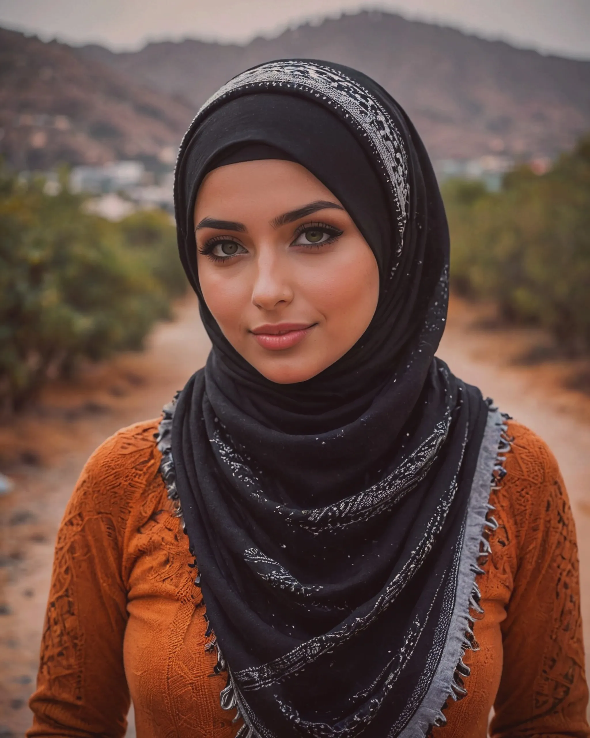 Beautiful girl wearing a black hijab with keffiyeh scarf and sweater 