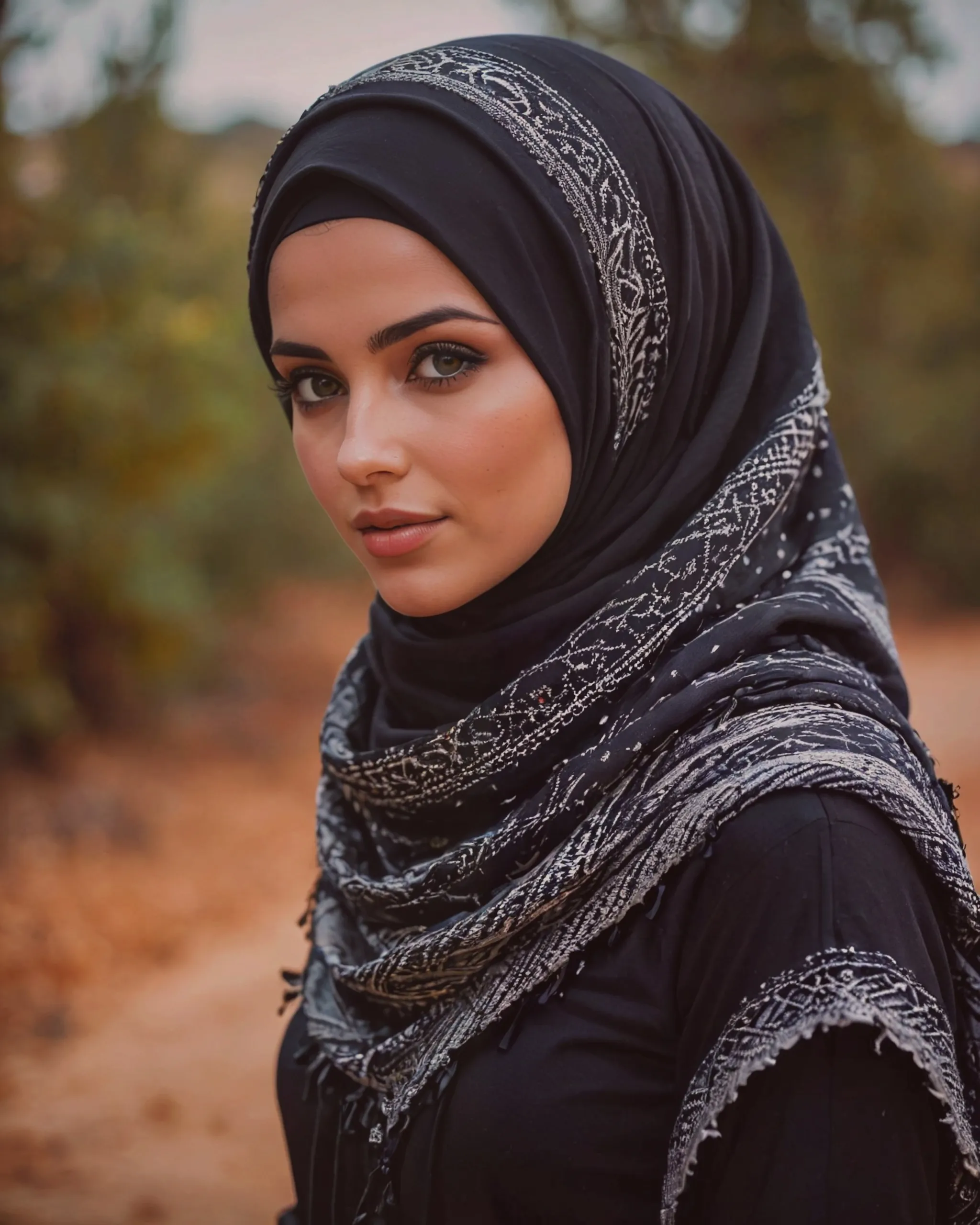 Beautiful girl wearing a black hijab with keffiyeh scarf and sweater 